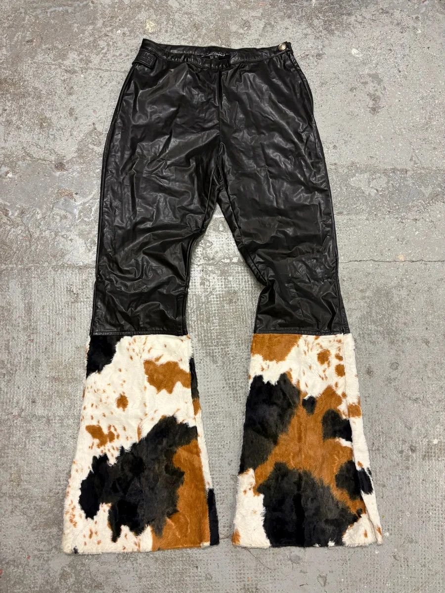 Versace 2000s Versace Black Leather Pony Hair Leg Opening Pants Size 25" / US 0 / IT 36 - 1 Thumbnail