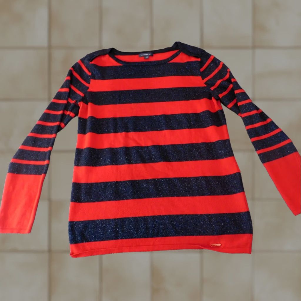 Tommy Hilfiger Tommy Hilfiger Womens Sweater L Red Striped Pullover Crew Neck 1/4 Zip Bell Sleeve Classic Casual Size L / US 10 / IT 46 - 1 Thumbnail