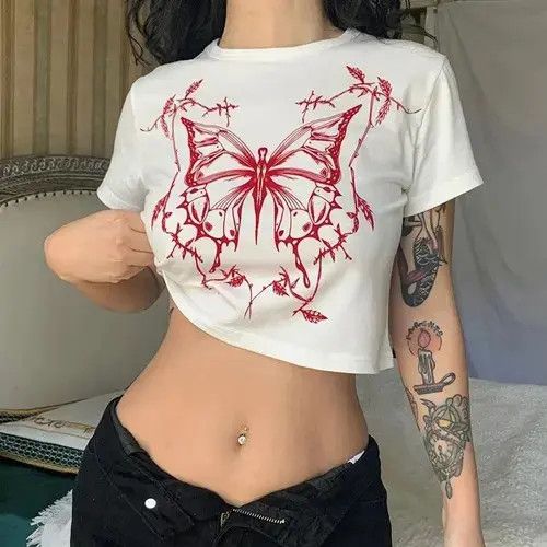 Japanese Brand Vintage Fairy Grunge Butterfly Print Short Sleeve O-Neck Size ONE SIZE - 7 Thumbnail