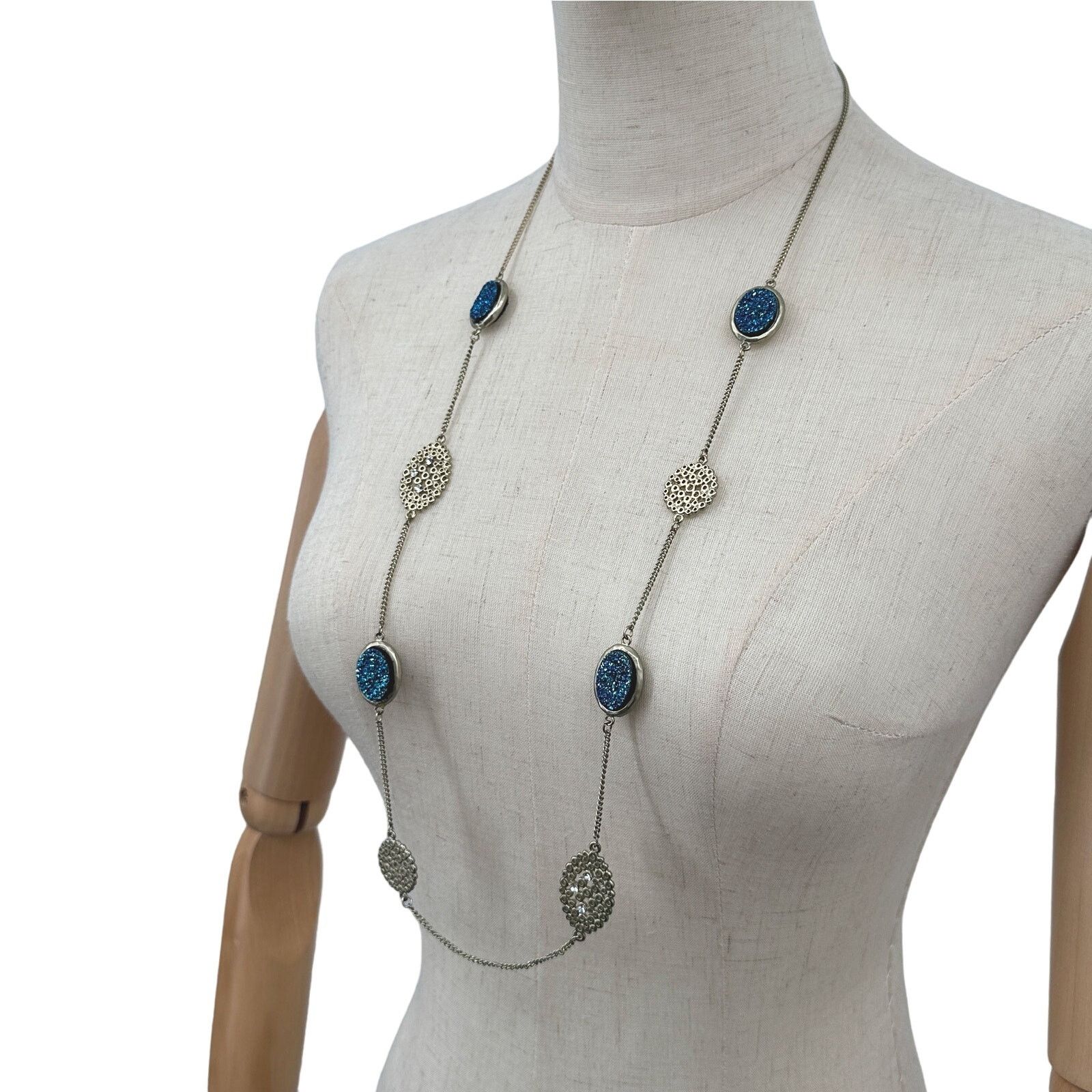 Other Vintage VCLM Necklace Blue Faux Druzy Stations Opera Length Size ONE SIZE - 7 Thumbnail