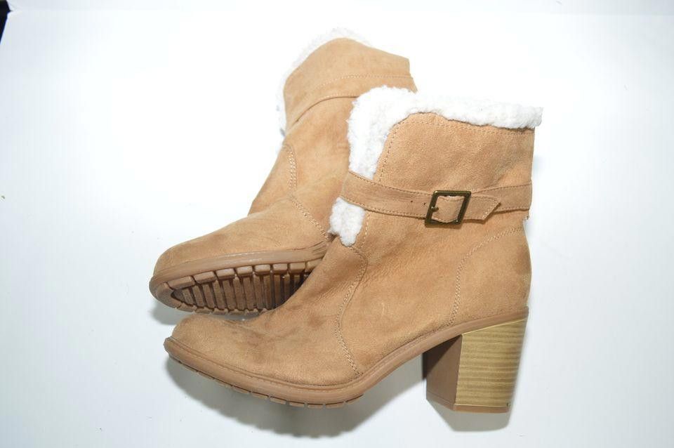Designer Tan Suede Ankle Boots with Shearling Lining, Block Heels- 9 Size US 9 / IT 39 - 1 Thumbnail