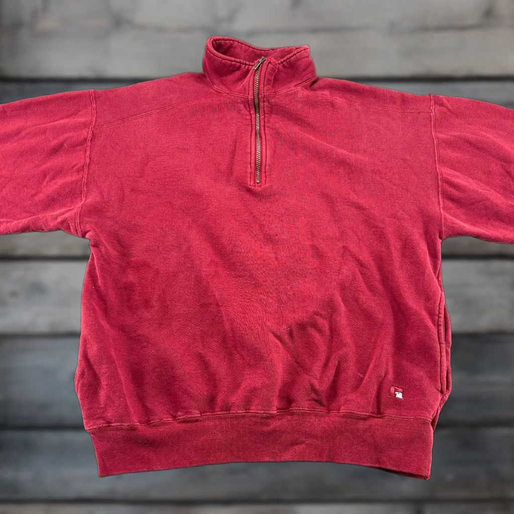 Russell Athletic VINTAGE Russell Sweatshirt Mens L Red 1/4 Zip Pullover Cotton Thrashed 90s Size US L / EU 52-54 / 3 - 1 Thumbnail