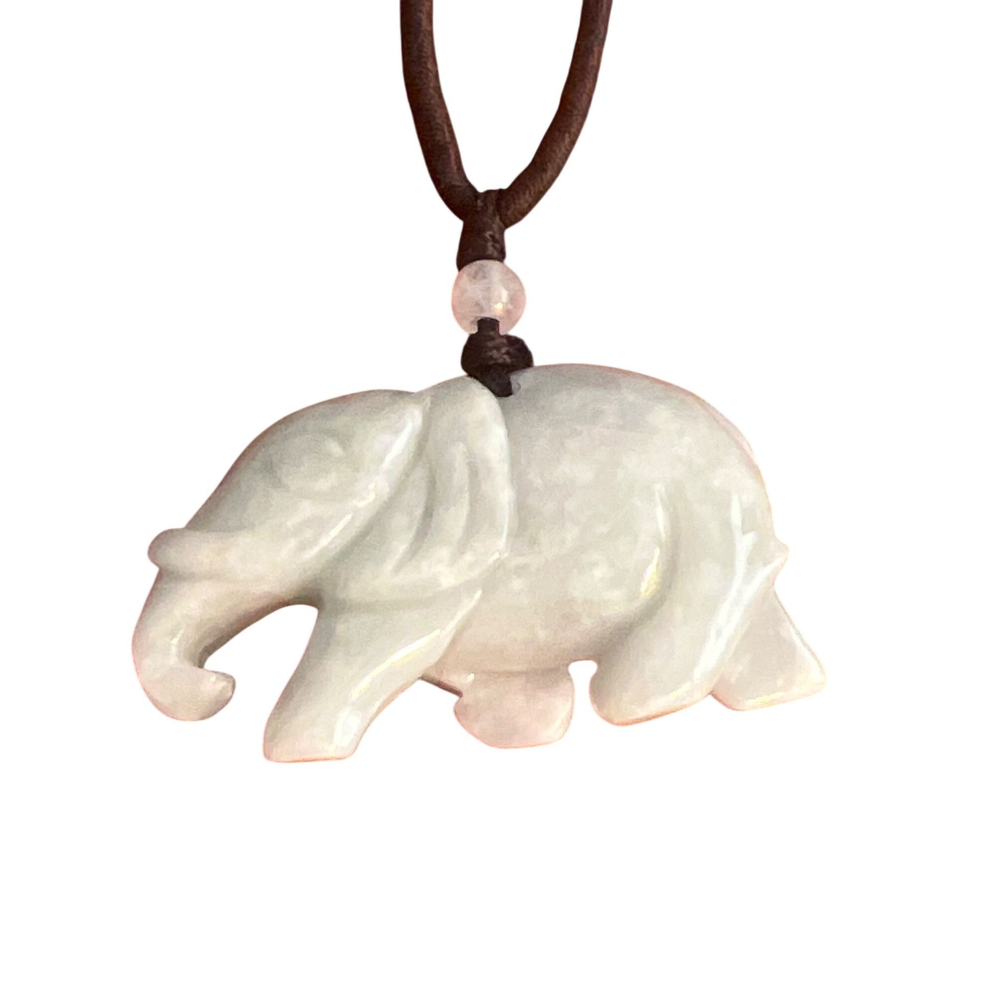 Other Elephant Light Green Jade Pendant Necklace Brown Cord Beads Size ONE SIZE - 2 Thumbnail