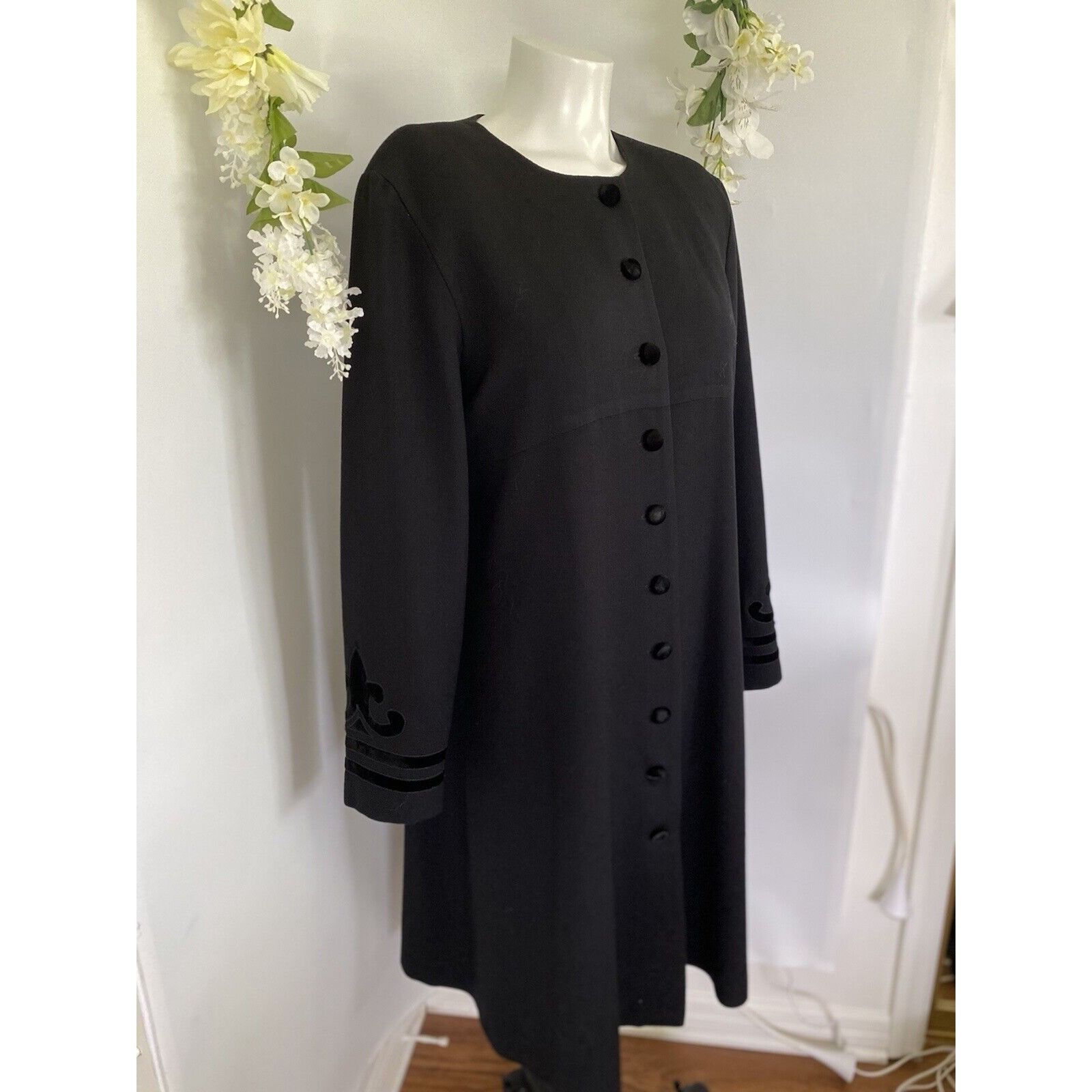 image of Black Gillian Vintage Wool Dress Coat Velvet Buttons Embelli, Women's (Size XL)