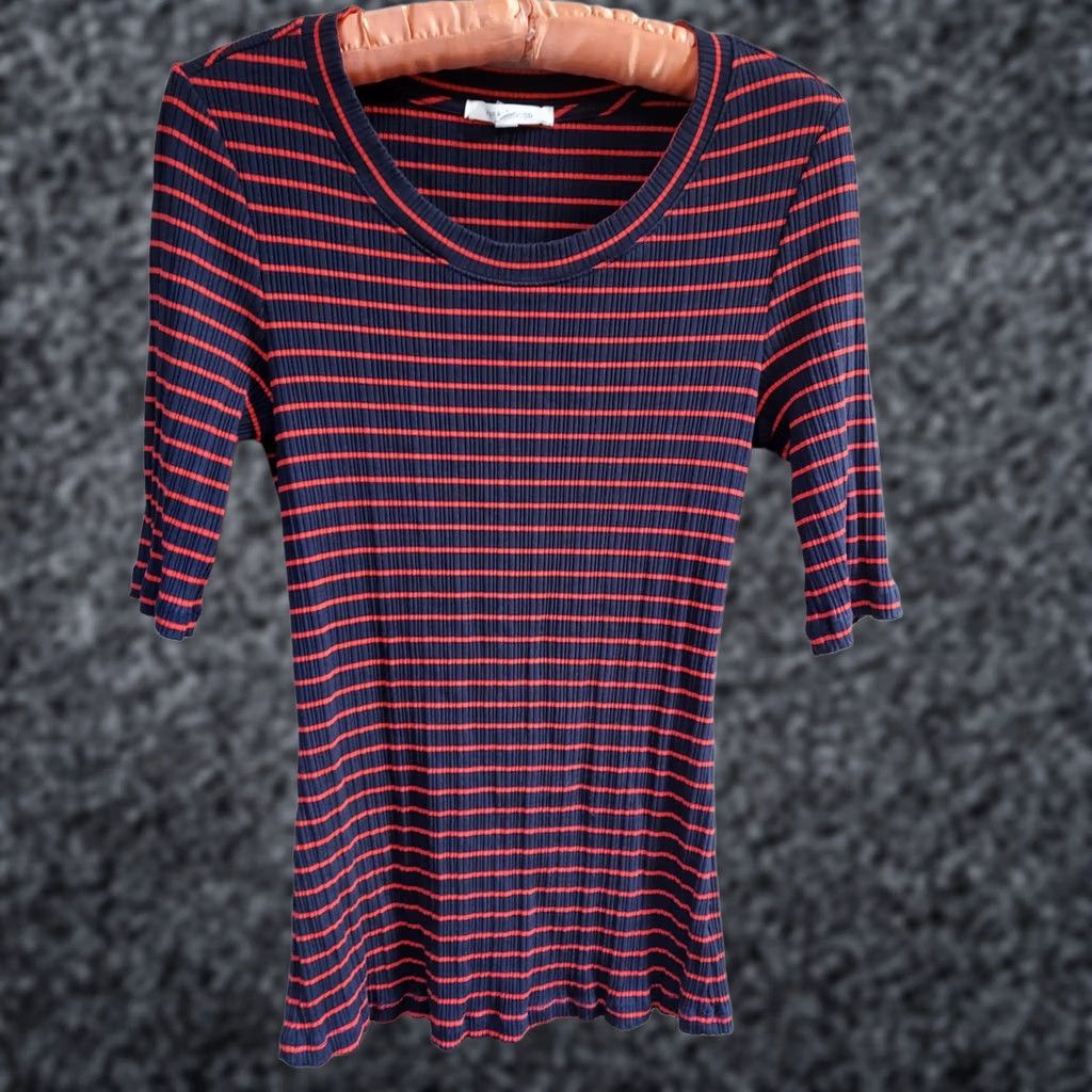 Anthropologie Anthropologie Pure + Good Womens Miranda Striped T-Shirt Small Scoop Neck Ribbed Shirt Womens Navy Blue Striped Casual Short Sleeve Ribbed 90s? Size S / US 4 / IT 40 - 1 Thumbnail