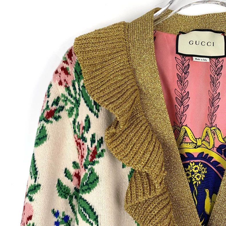 Gucci Gucci Ruffle decorative floral pattern inlaid V-neck wool m Size US XS / EU 42 / 0 - 3 Thumbnail