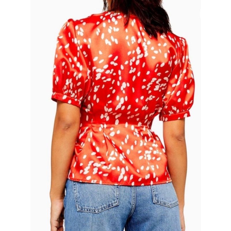 Topshop Topshop Dalmation Print Red Satin Pleated Blouse, 12 Size XL / US 12-14 / IT 48-50 - 3 Thumbnail
