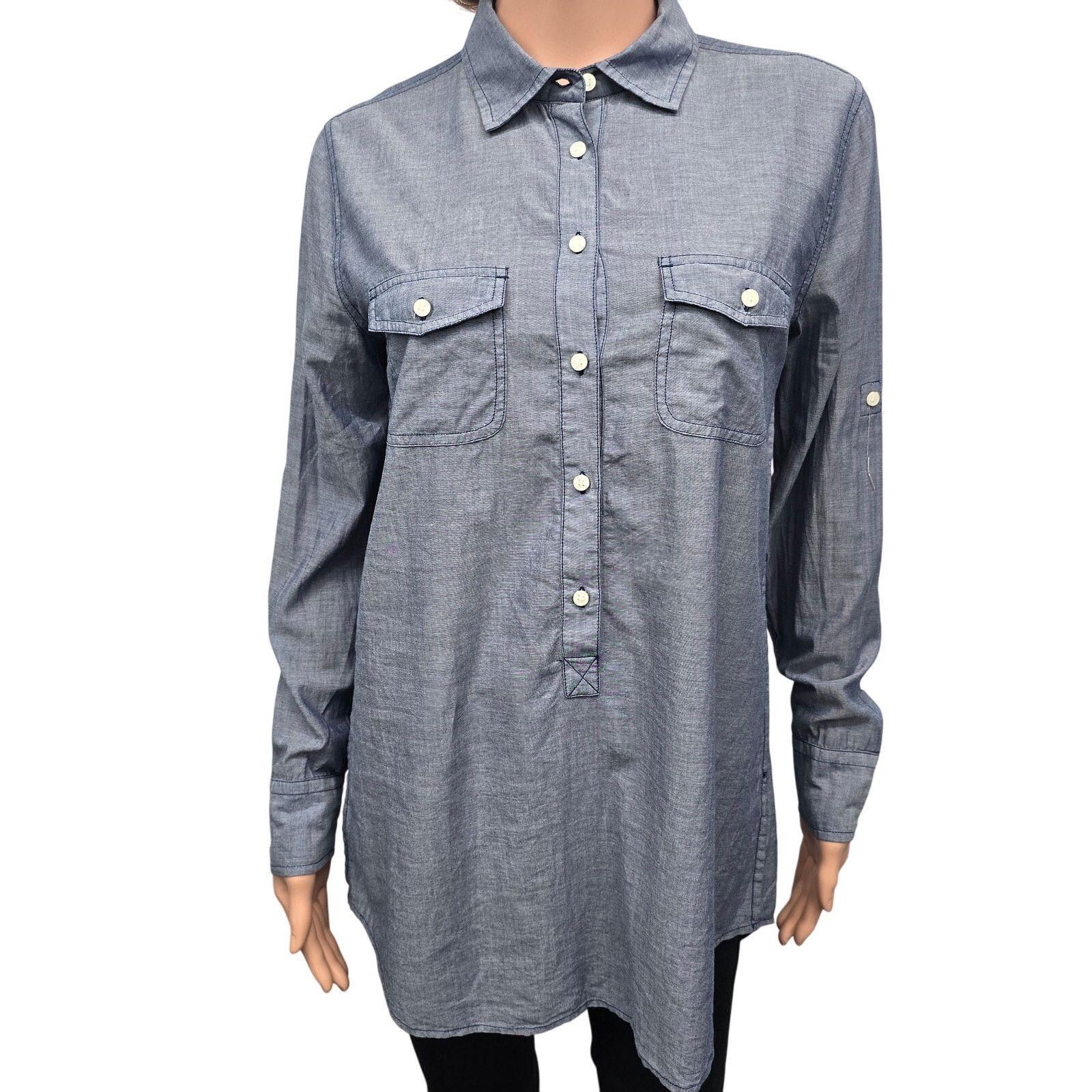 J.Crew J. Crew Chambray Popover Tunic Shirt M Long Sleeve Roll tab Size M / US 6-8 / IT 42-44 - 2 Thumbnail