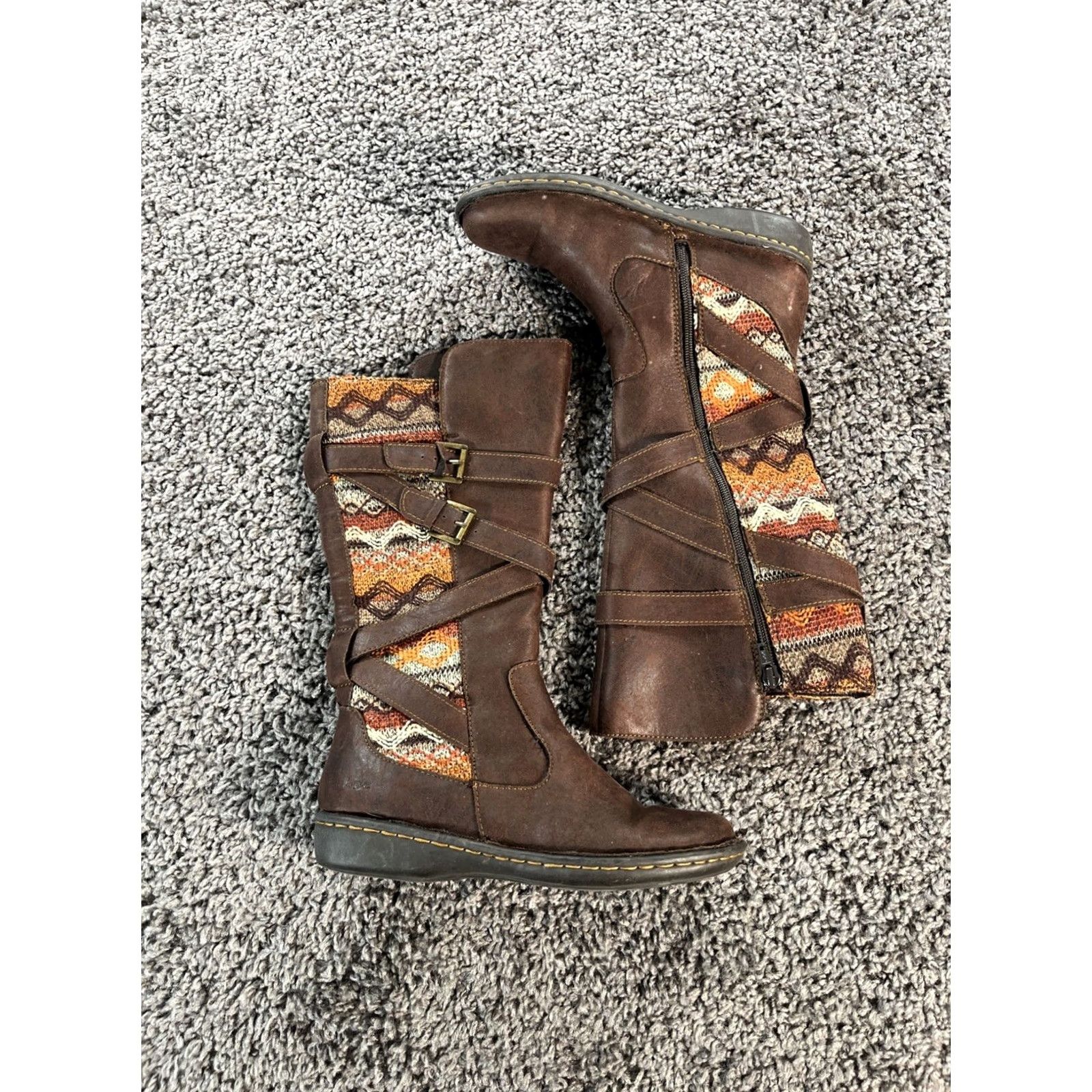 Born BOC Born Concept Marghera Boots Wool Pattern Faux Brown Leather Womens 6M Knee High Flat Heel Zip Riding Boot Regular Calf Brown Size US 6 / IT 36 - 2 Thumbnail