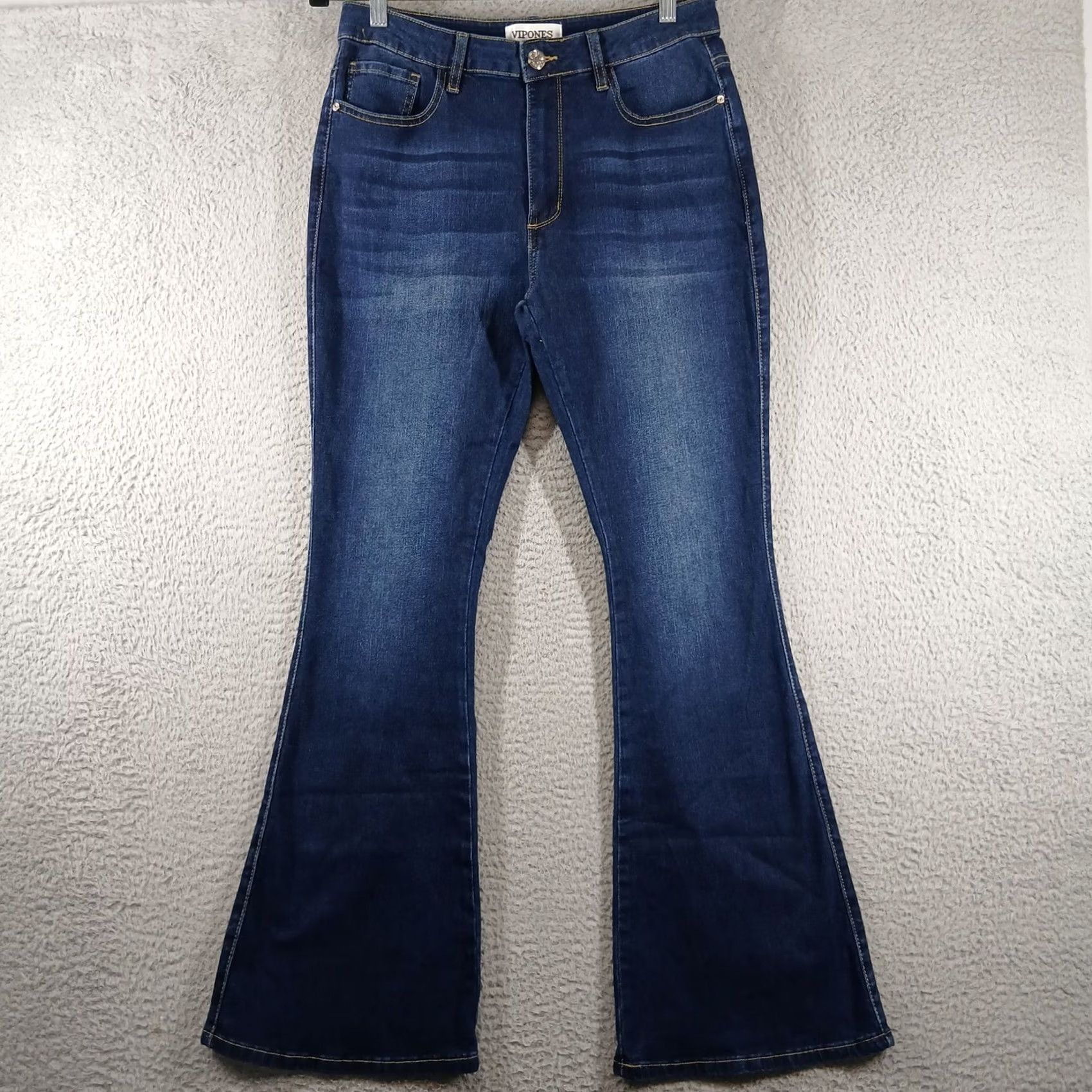 Vintage Vipones High Rise Flare Jeans Dark Wash Raw Step Hem 12 Tall EUC Womens Jeans Bohemian Retro Stretch 5-Pocket Design Zip Button Size 34" / US 12 / IT 48 - 2 Thumbnail