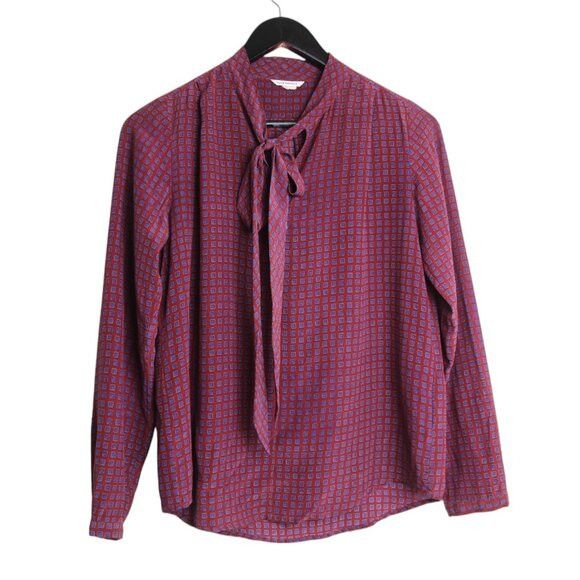 Club Monaco Club Monaco Silk Geometric Patterned Tie Long Sleeve Blouse Size XS / US 0-2 / IT 36-38 - 1 Thumbnail