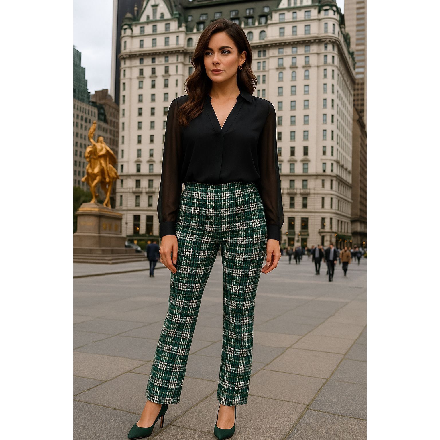Other 7th Avenue Large Houndstooth Plaid Pants Green Black Stretch Size 35" - 1 Thumbnail