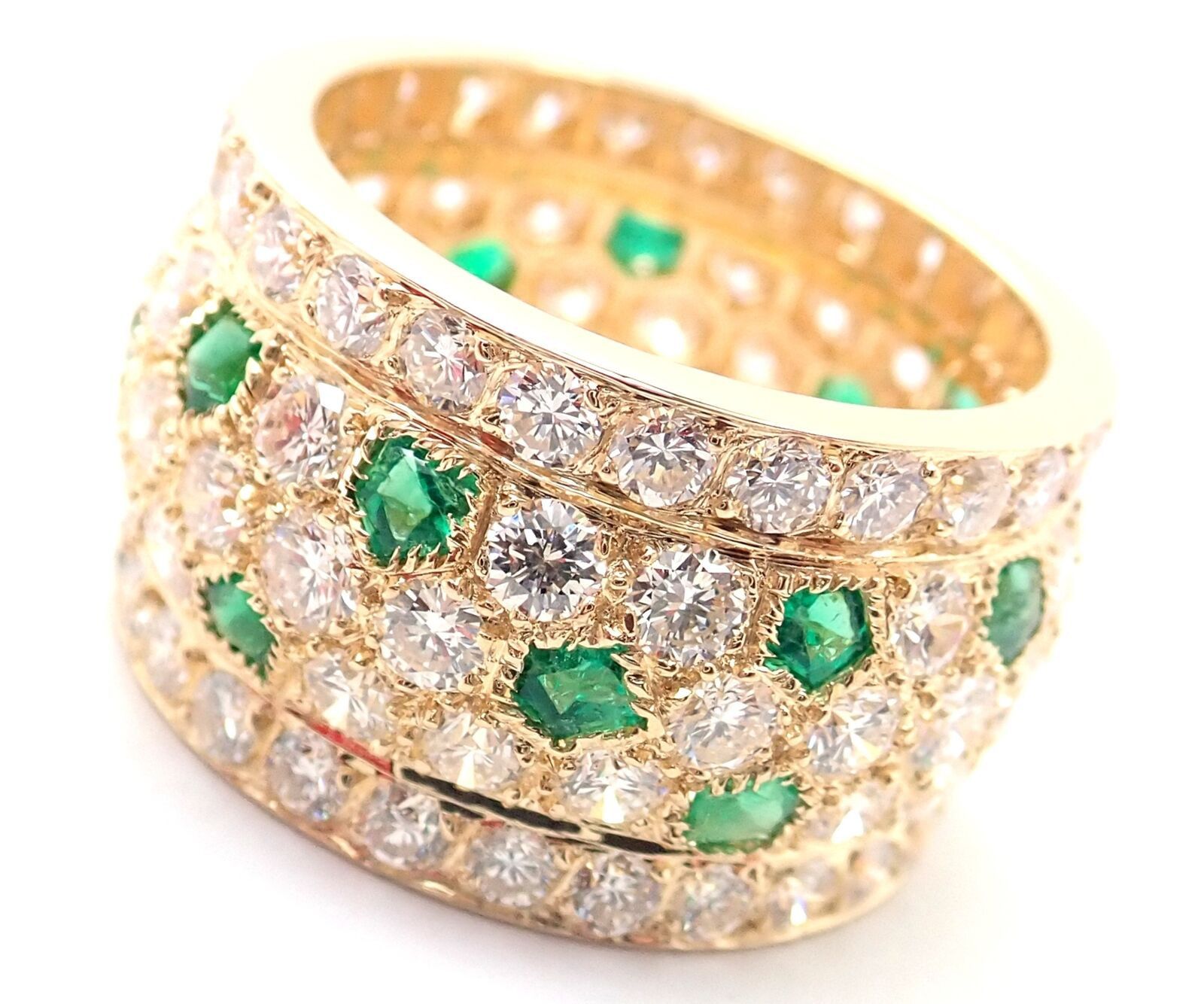18k Yellow Gold Diamond Emerald Wide Band Ring Size 52