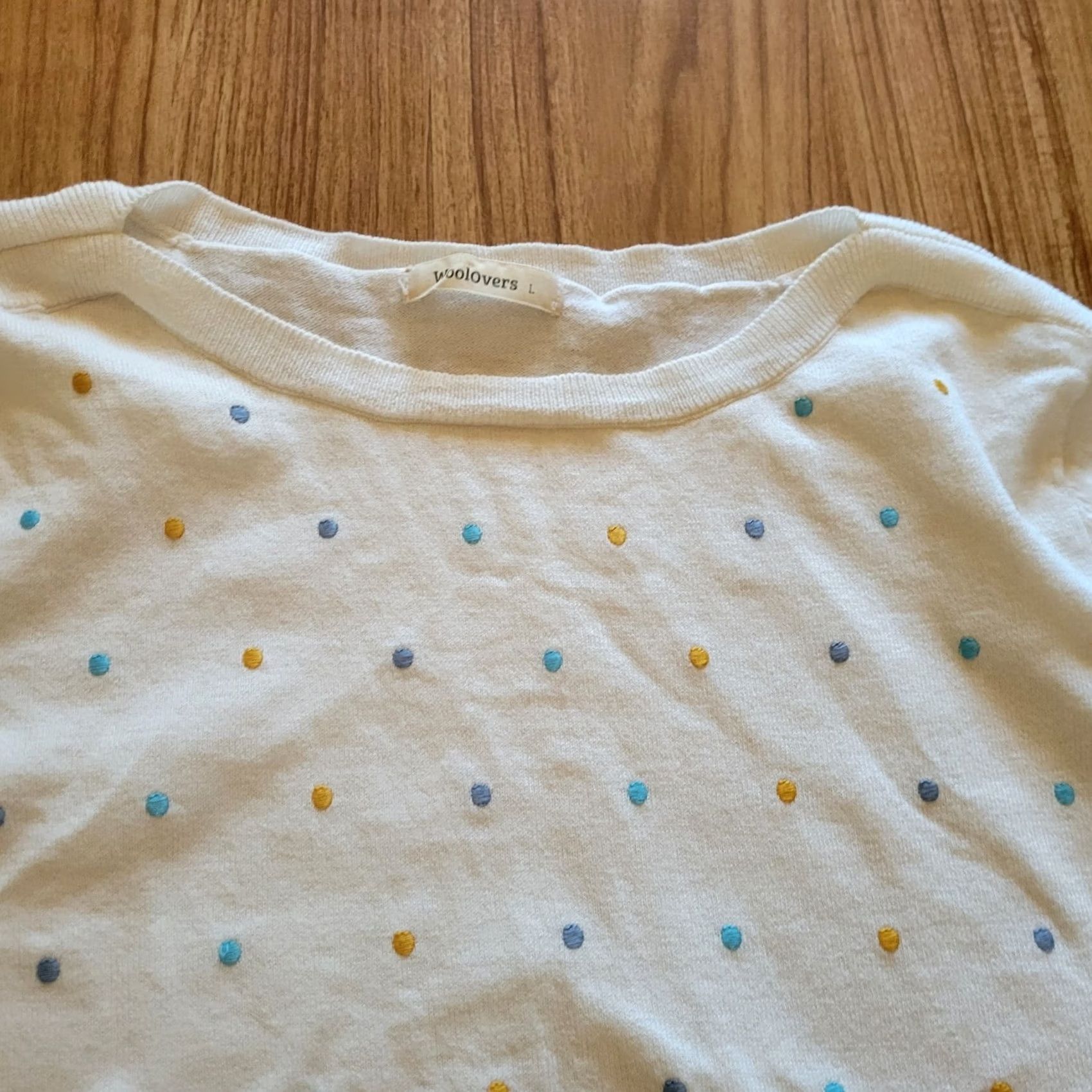 Vintage Woolovers Sweater Shirt Womens Large White Polka Dot Embroidered Boat Neck Knit Pullover Formal Casual Workwear Autumn Winter Men/Women Size L / US 10 / IT 46 - 3 Thumbnail