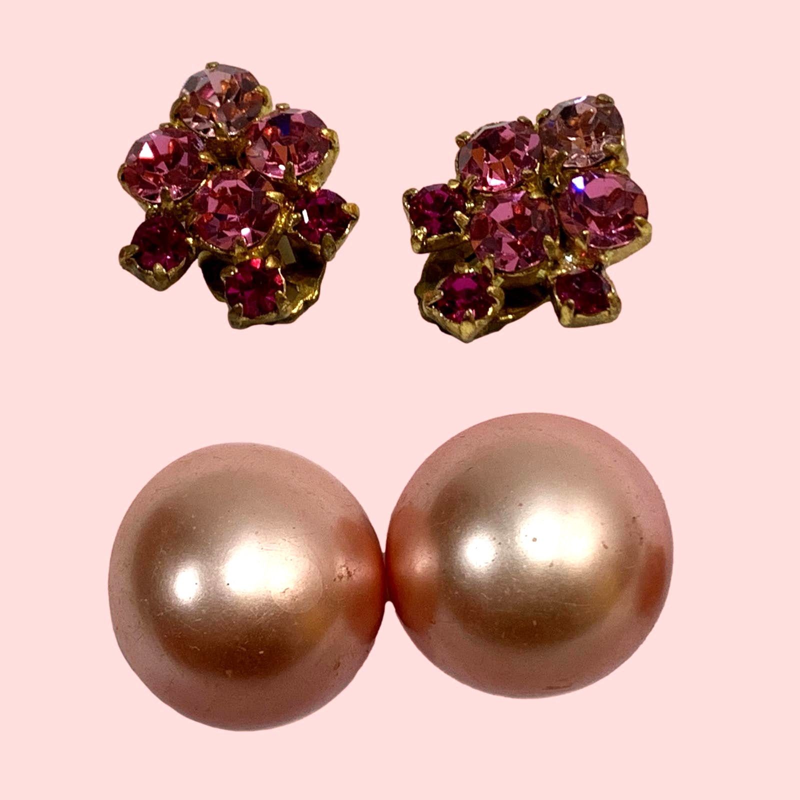 Vintage 2 Pair Pink 50s Earrings Austria Rhinestone Japan Dome Size ONE SIZE - 10 Thumbnail