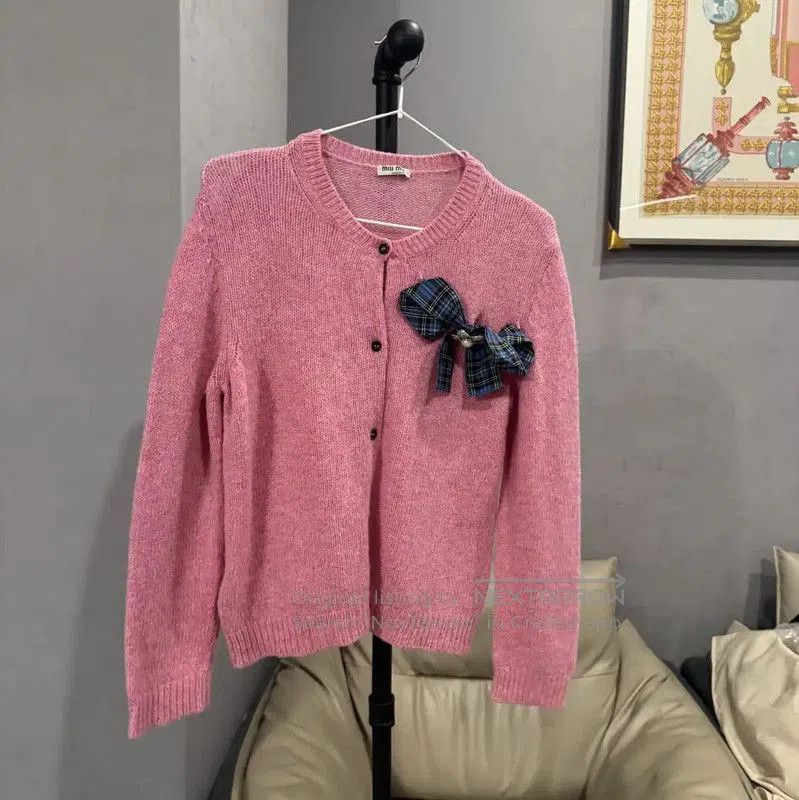 Miu Miu Miu Miu Pink Wool Blend Cardigan with Bow . Size L / US 10 / IT 46 - 1 Thumbnail