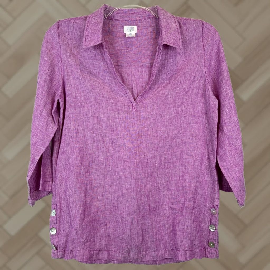 Pinko Sigrid Olsen Tunic Top Womens S Linen Pink Blouse Beach Coastal 3/4 Sleeve Button Collared Relaxed Shirt Size S / US 4 / IT 40 - 1 Thumbnail
