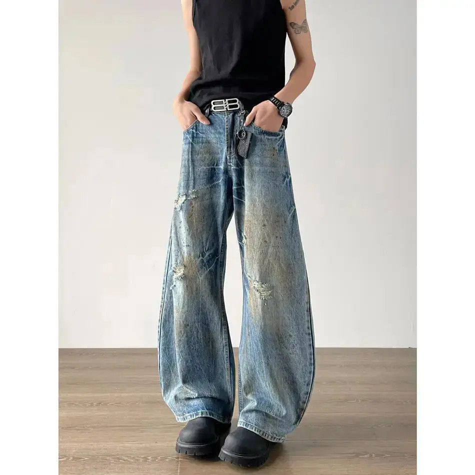 Japanese Brand Retro loose straight leg wide leg ripped jeans Size US 32 / EU 48 - 5 Thumbnail