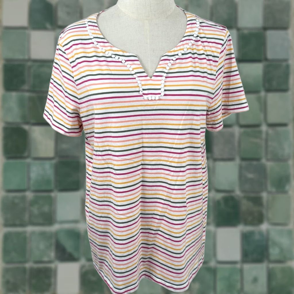 Talbots Talbots L Top Colorful Rainbow Striped Pom Notch V Neck Cotton Coastal EUC Size L / US 10 / IT 46 - 1 Thumbnail