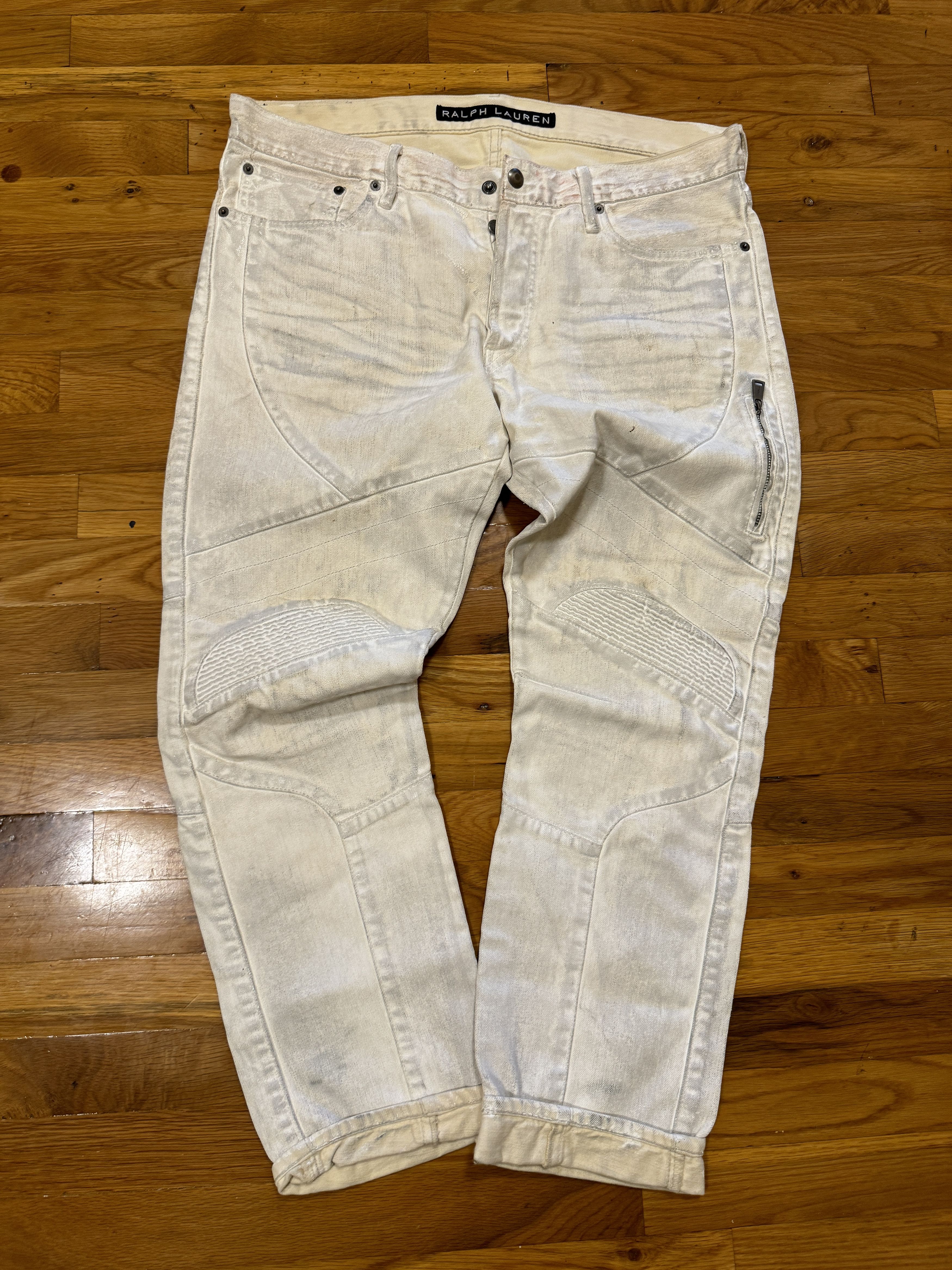 image of Ralph Lauren Black Label Polo Ralph Laurent Black Label Slim Waxed Denim Moto Jeans in White (Size 