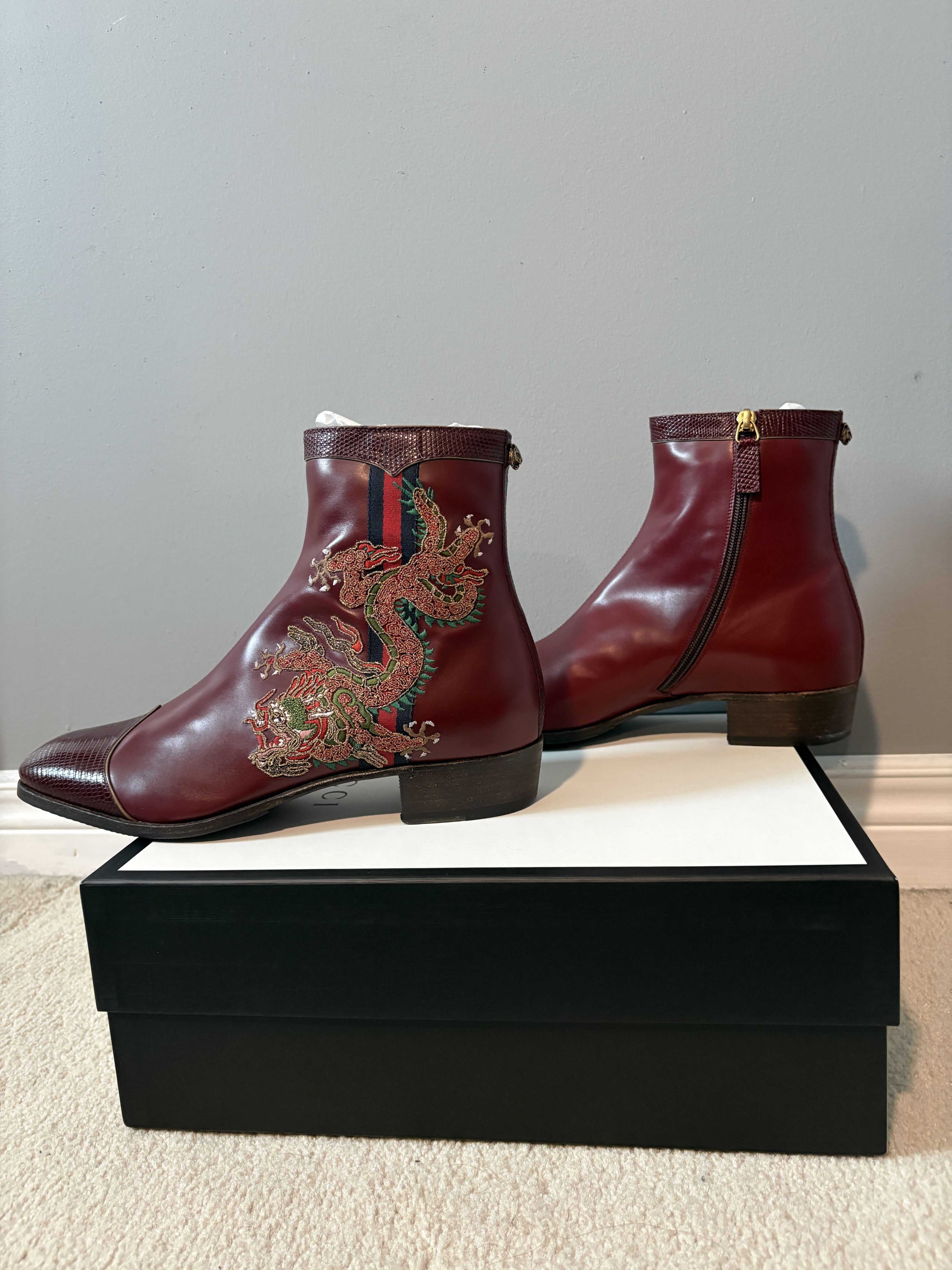 Gucci Lizard Leather Dragon Embroidered Ankle Boots