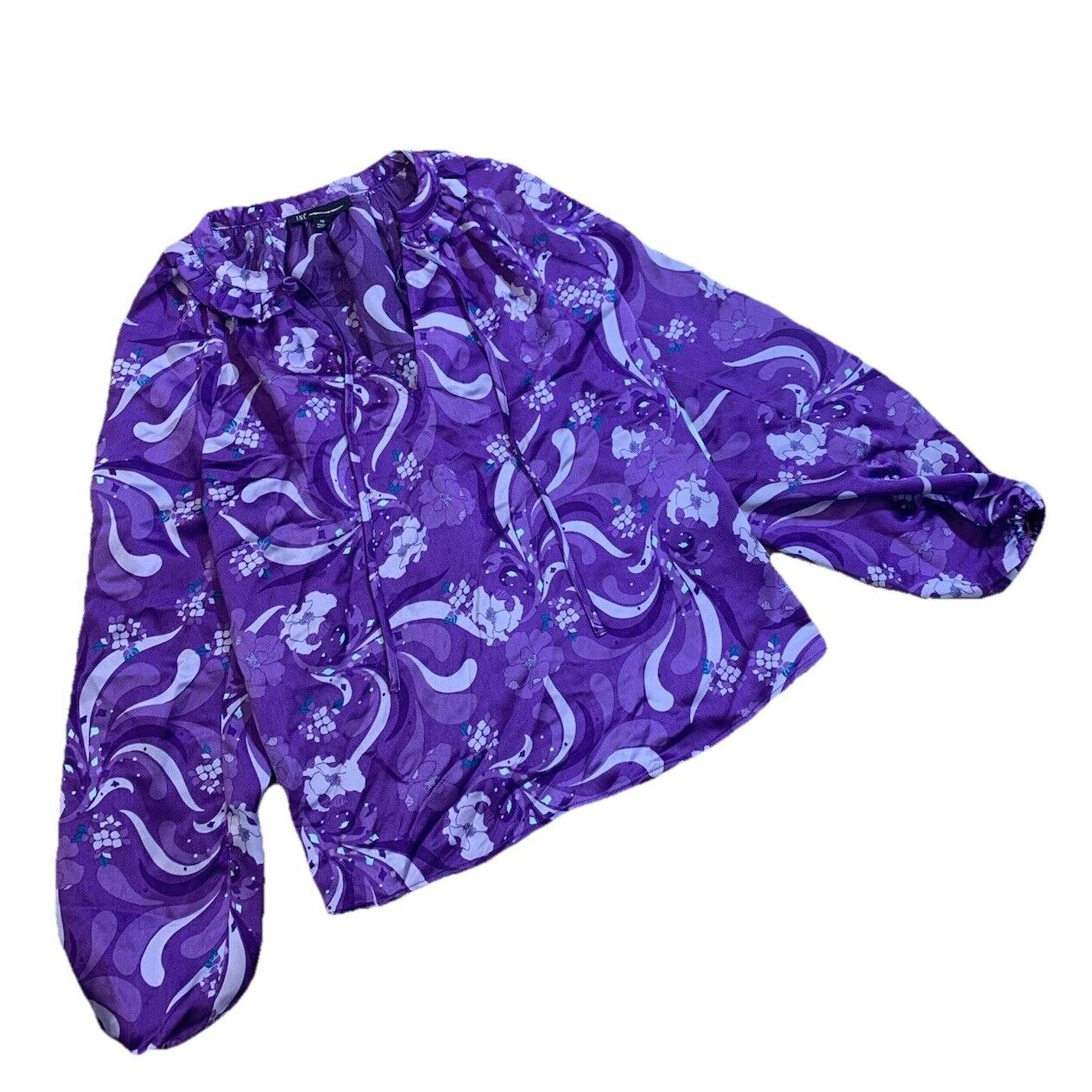 Other INC Women Purple Floral Satin Blouse Ruffle Tie Neck Size XS Size XS / US 0-2 / IT 36-38 - 3 Thumbnail