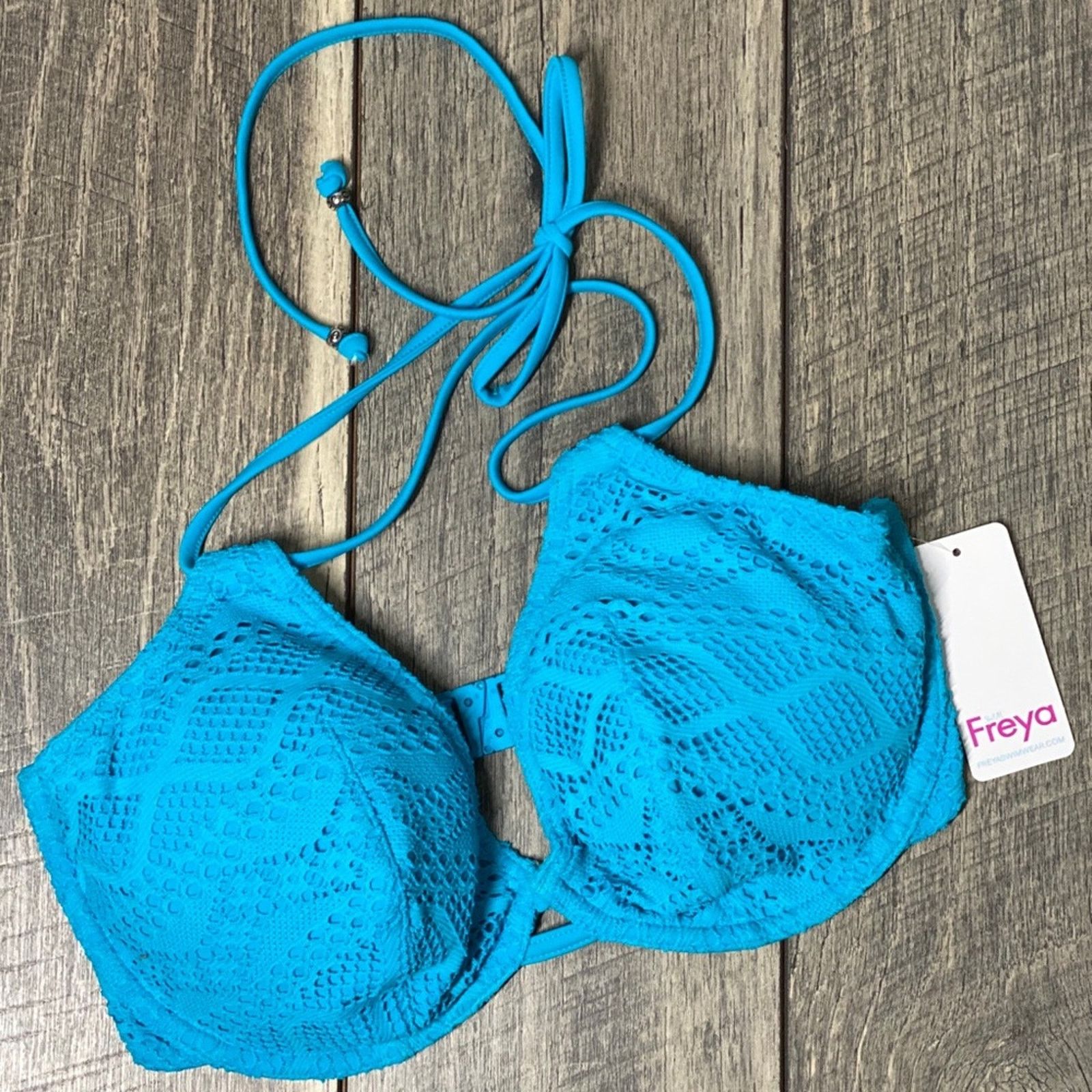 Freya Lingerie Aqua Blue Lace Halter Bikini Top 32G Size L / US 10 / IT 46 - 9 Thumbnail