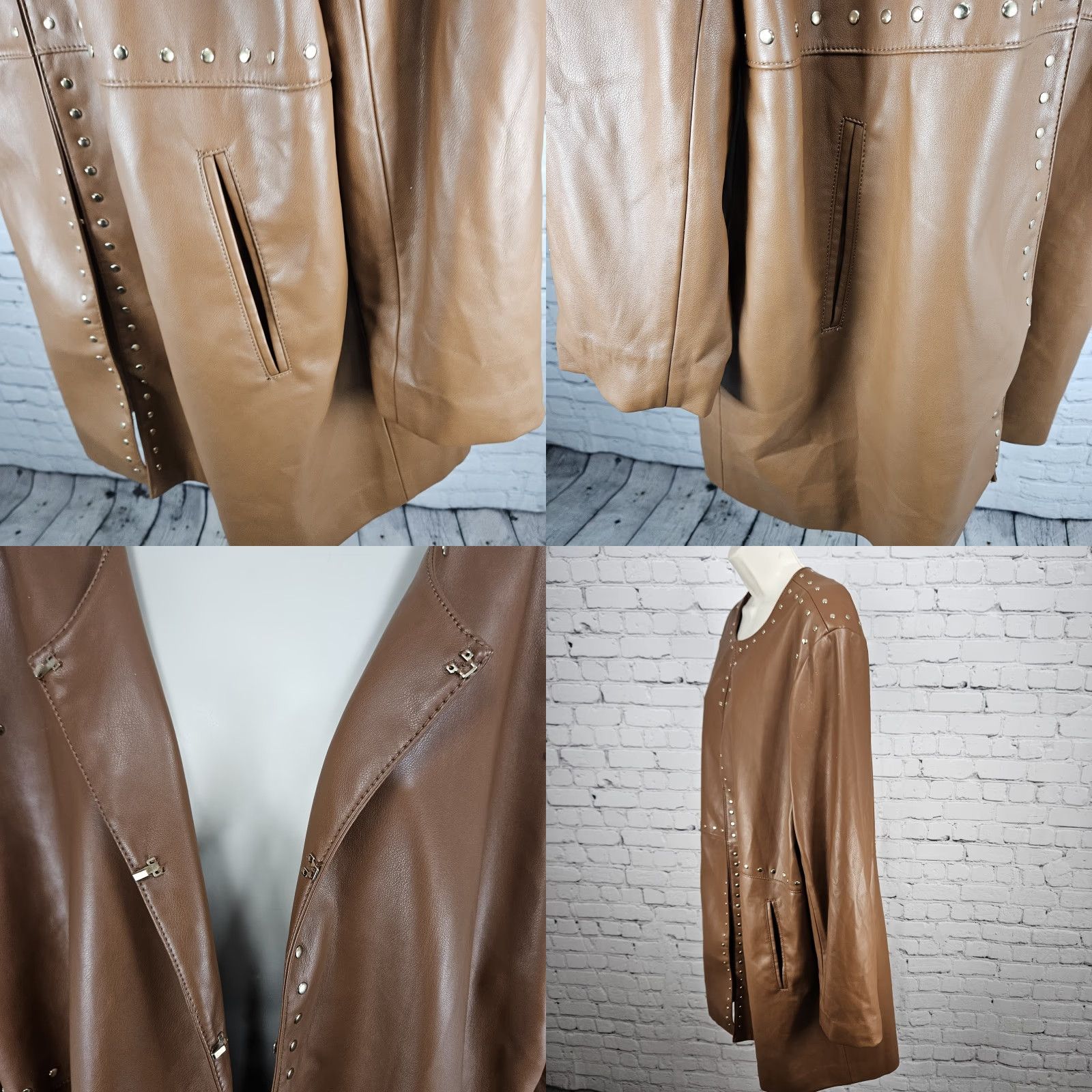 Vintage Chico's Brown Faux Leather Gold Studded Lined Hook & Eye Jacket Coat 4 US 20/22 Size S / US 4 / IT 40 - 9 Thumbnail