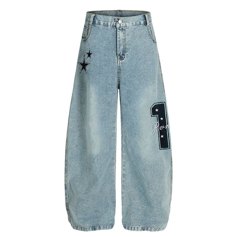 Jean Vintage Star Embroidery Distressed Washed Jeans Size US 32 / EU 48 - 1 Thumbnail