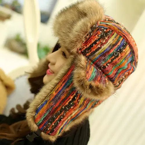 image of Russian Ushanka Bomber Hat With Earflap in Rainbow, Women's