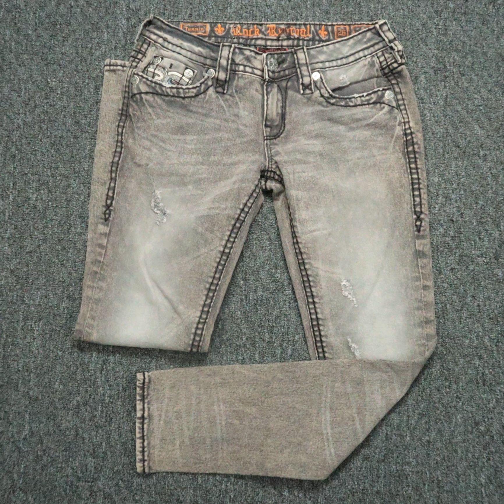 Vintage Rock Revival Jeans Womens Slim Tapered 5-Pocket Denim Gray Brown Tannin Embroidered 26x29 28 Inseam Size 26" / US 2 / IT 38 - 2 Thumbnail