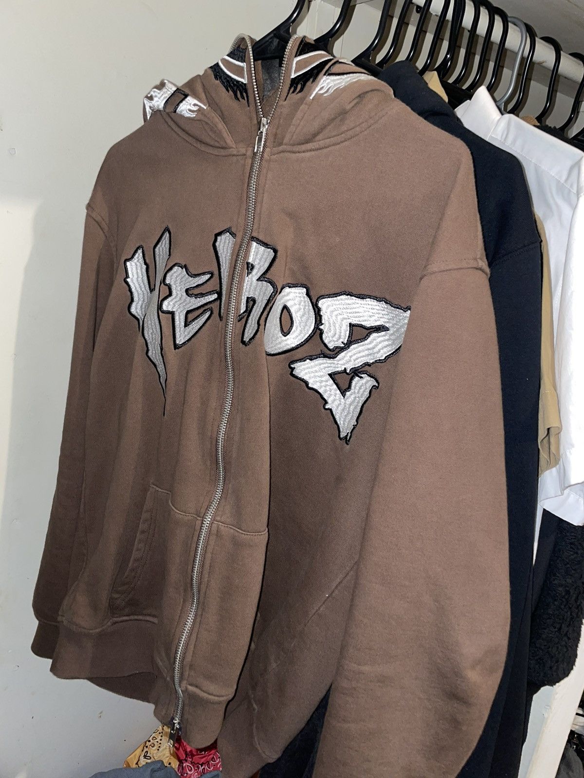 image of Vintage Heroz Double Hooded Full Zip Up in Brown, Men's (Size Small)