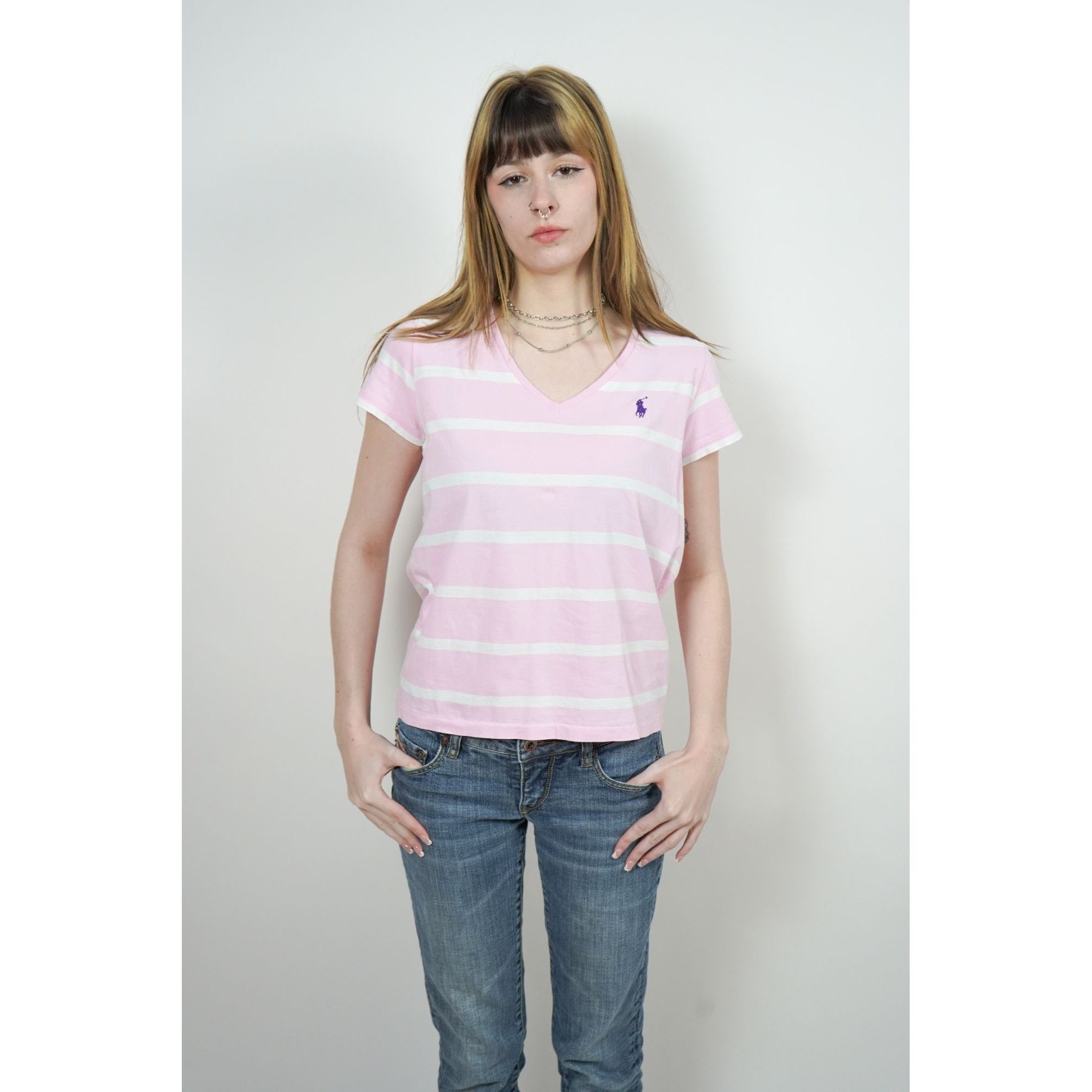 Polo Ralph Lauren Polo Ralph Lauren Pink Stripes V Neck T Size M / US 6-8 / IT 42-44 - 2 Thumbnail