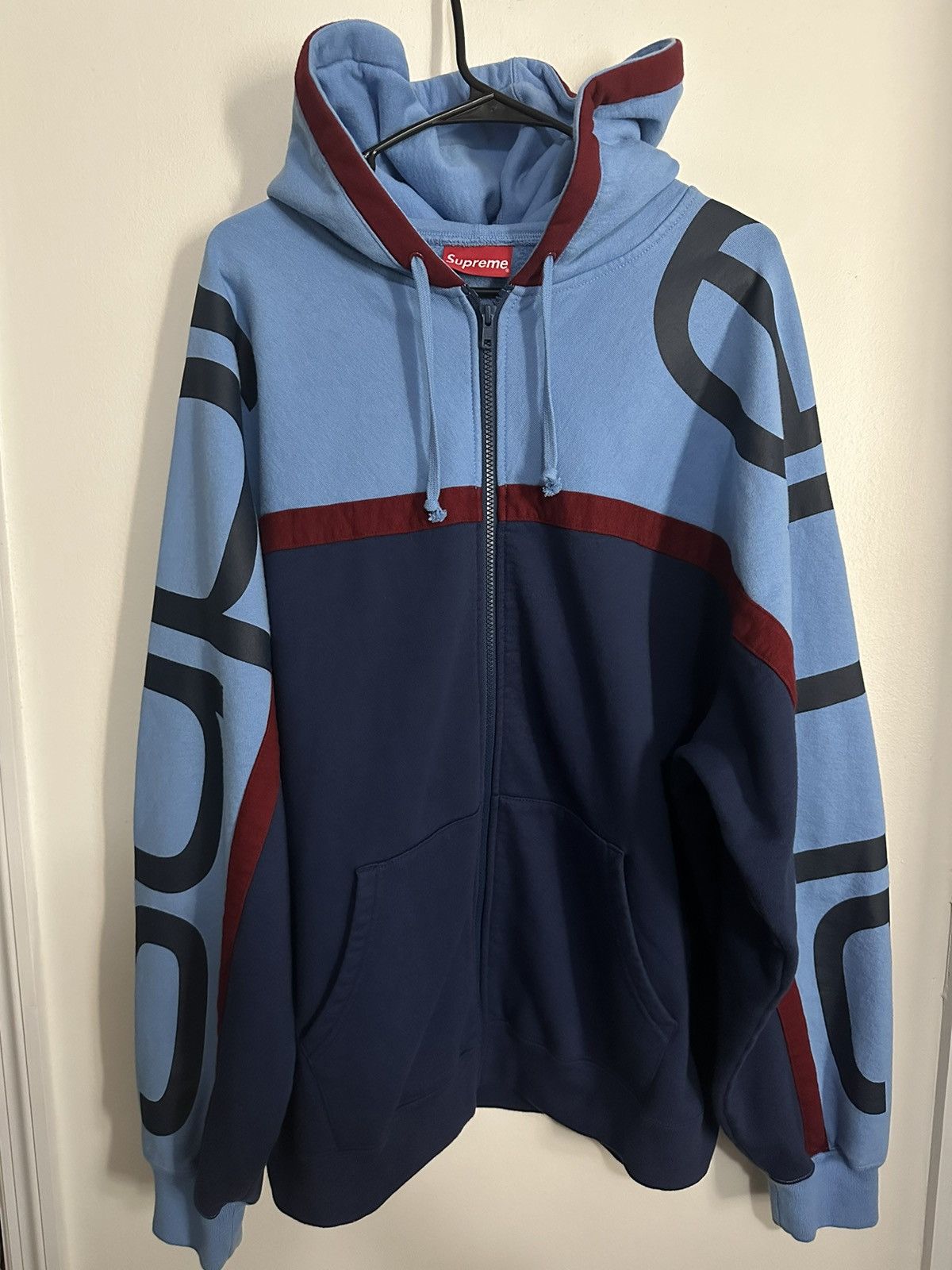 image of Supreme Big Logo Paneled Zip Up in Navy, Men's (Size XL)