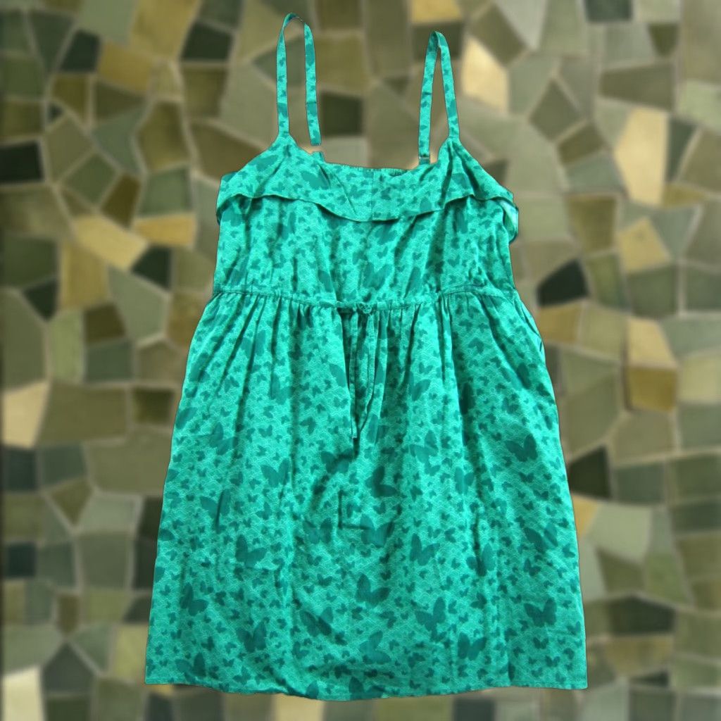 Vintage CLOCK HOUSE Rayon Green Butterfly Sheath Tank Sun Dress Woman Size 44 Large Size L / US 10 / IT 46 - 1 Thumbnail