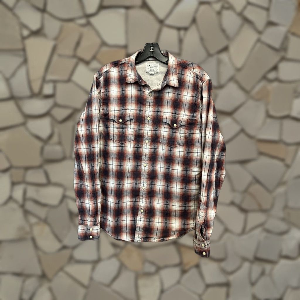VINTAGE Lucky Brand Plaid Shirt Unisex Long Sleeve Pearl Snap Button-Up Size Large Red