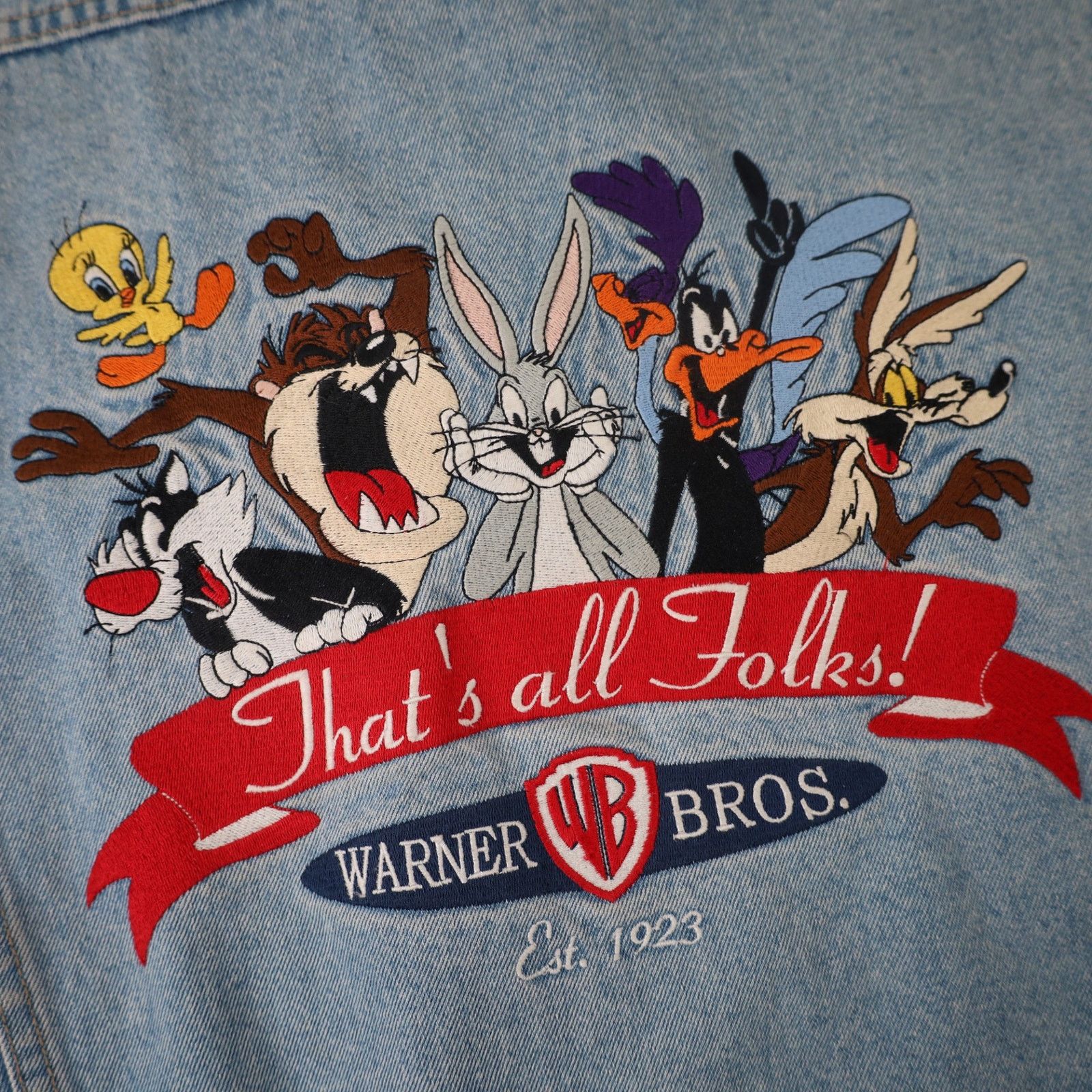 Vintage Vintage Looney Tunes "Thats all Folks" Denim Jacket Size US L / EU 52-54 / 3 - 11 Thumbnail