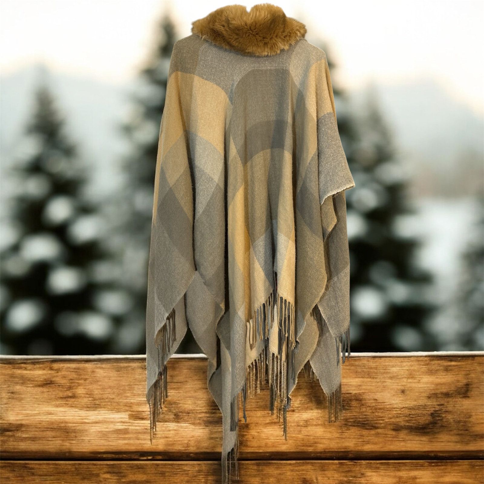 The Unbranded Brand Grey/Beige Plaid Poncho One Size Size ONE SIZE - 1 Thumbnail