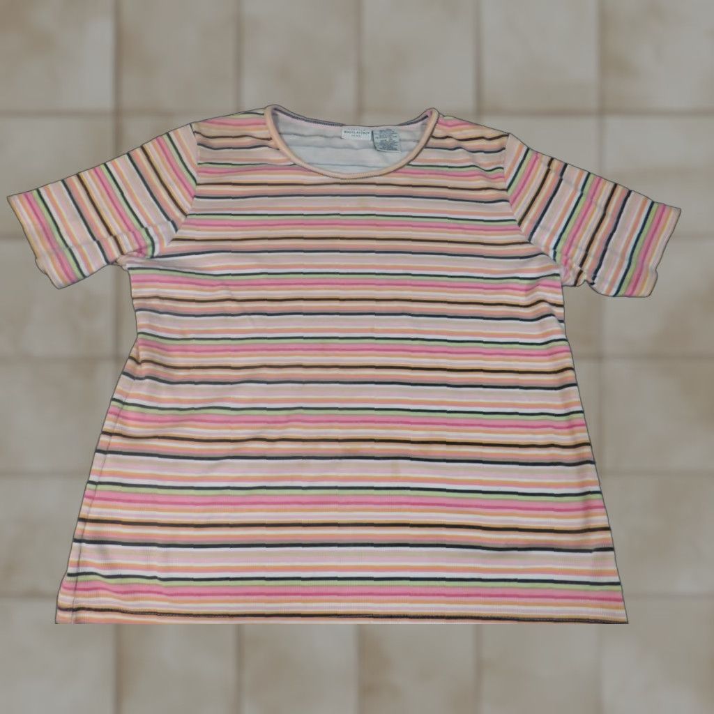 Vintage White Stag Blouse Shirt 16W Plus Striped Crew Neck Short Sleeve Pullover Casual Womens Orange Cotton Polyester Rayon Stretch Basic Classic Vintage: No Size XXL / US 16-18 / IT 52-54 - 1 Thumbnail