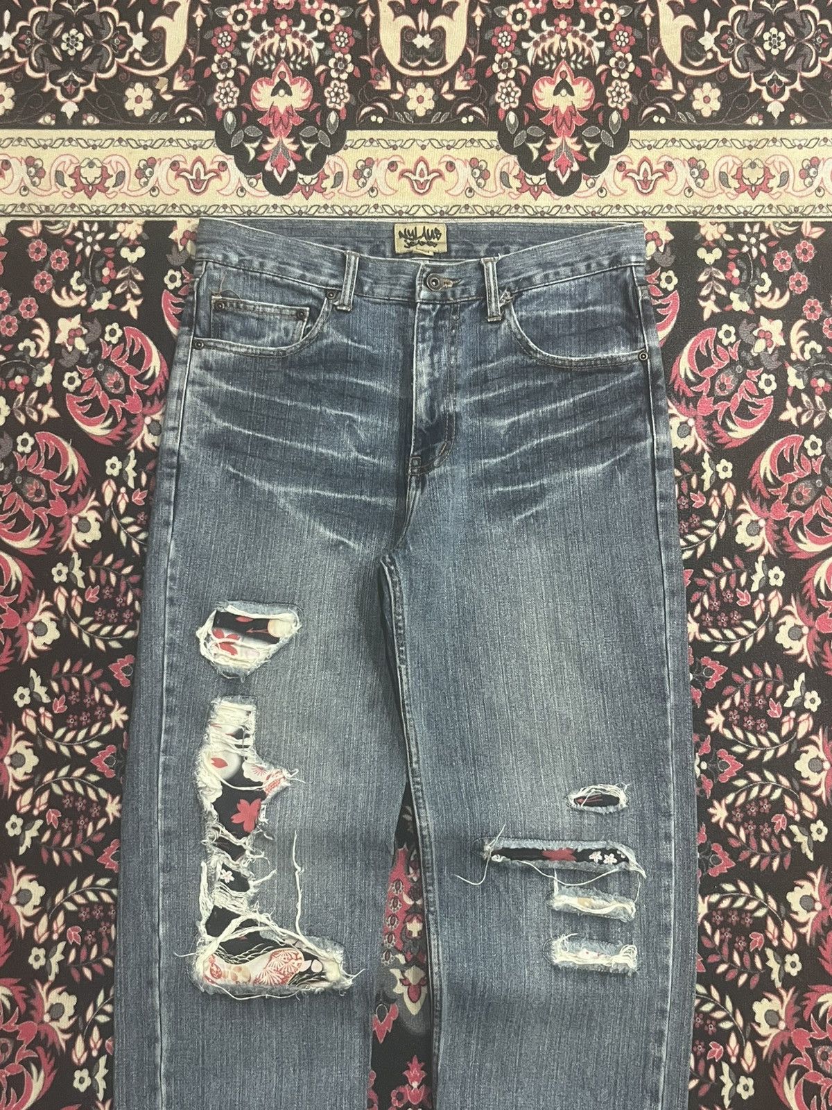 Japanese Brand Vintage Nylaus Floral Boho Patchwork Distressed Whisker Jean Size US 32 / EU 48 - 3 Thumbnail