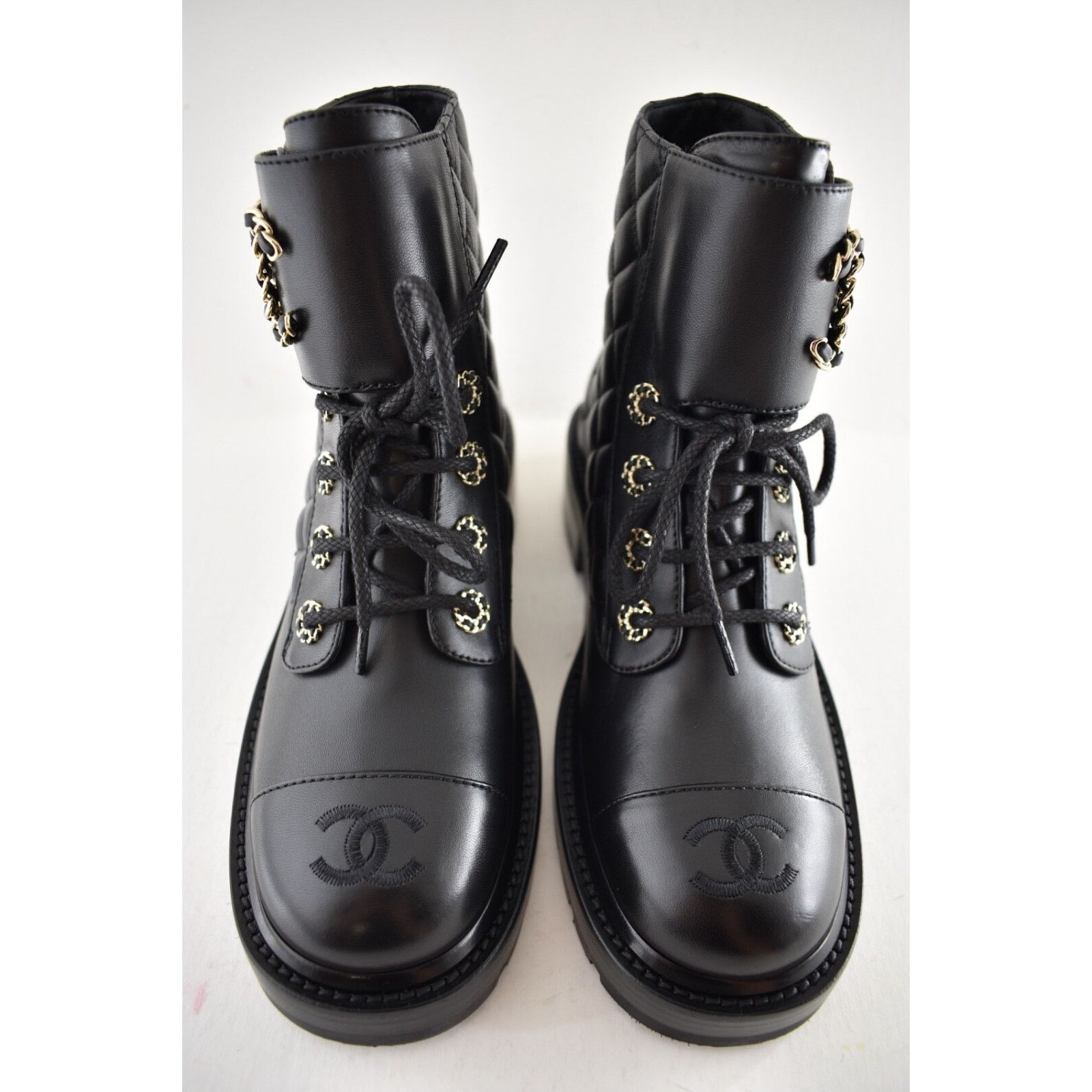 Chanel Chanel 21A Black Quilted Gold CC Chain Combat Lace Up Size US 10 / IT 40 - 8 Thumbnail