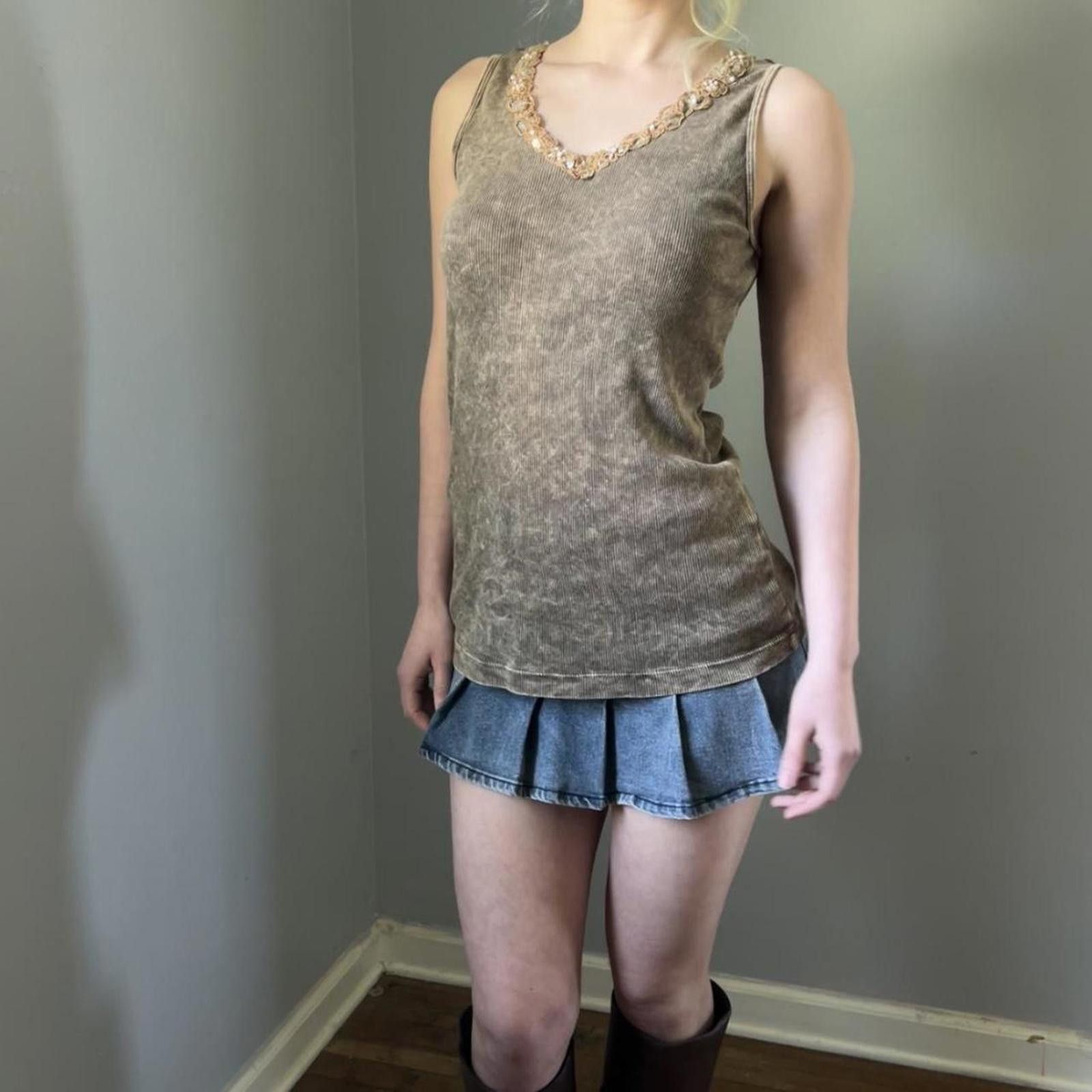 Other Vintage y2k brown lace tank top with beaded neckline Size L / US 10 / IT 46 - 5 Thumbnail