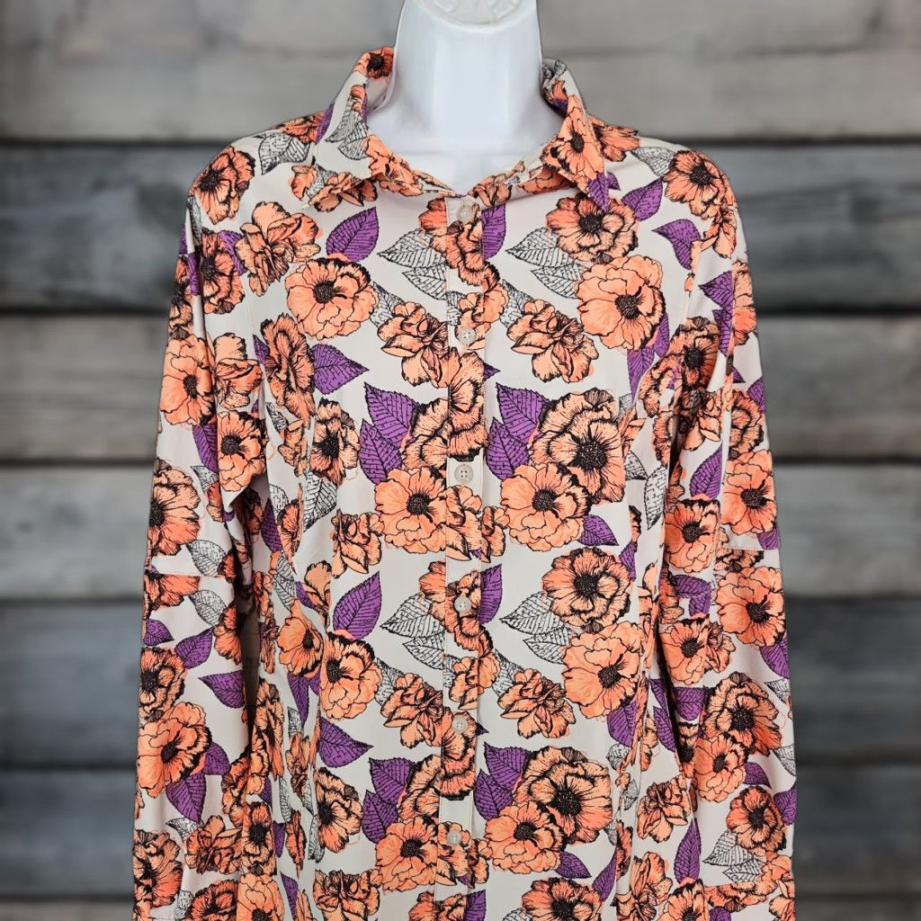 Vintage Duluth Womens Sidewinder Printed Gardening Shirt Sz M Purple Orange Floral Long Sleeve Button-Up Collared Pockets Size M / US 6-8 / IT 42-44 - 1 Thumbnail