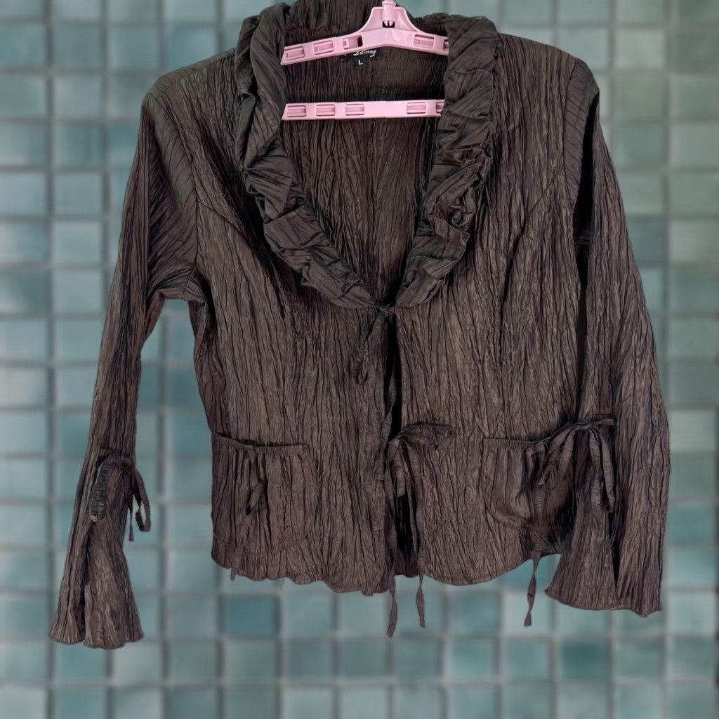 Buttero VINTAGE Butter Cup Shirt Adult L Brown 90s Blouse Cardigan Ruched Front Tie V-Neck Long Sleeve Womens Size L / US 10 / IT 46 - 1 Thumbnail