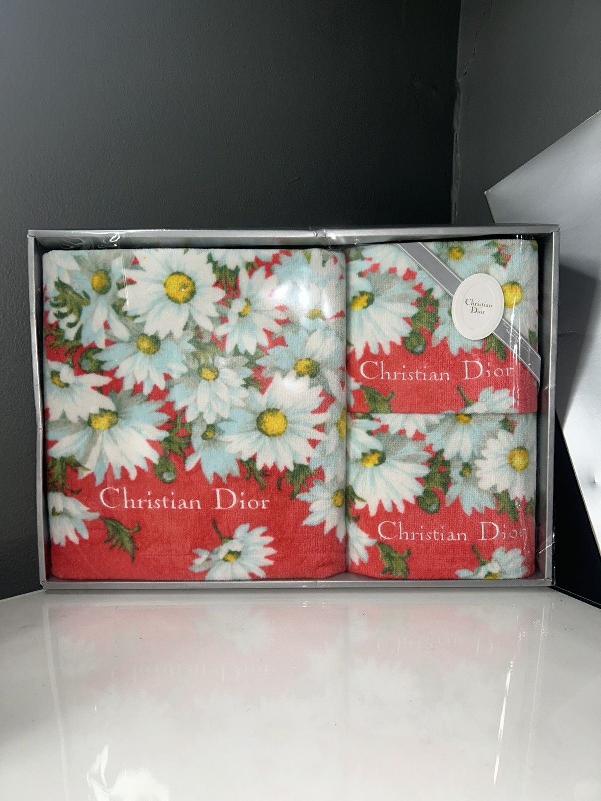 Christian Dior Red Floral Bath Towel Set New in Box
