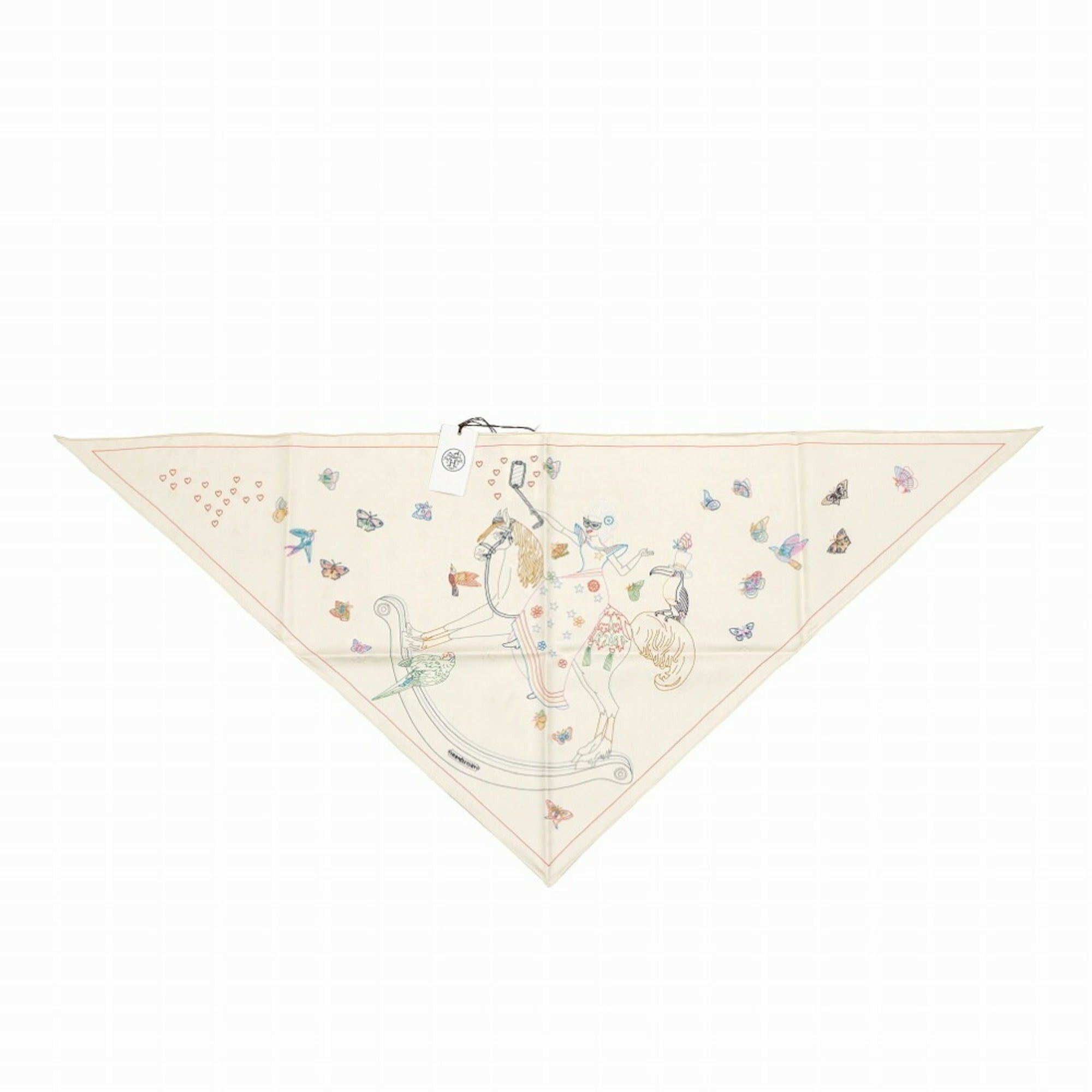 image of Hermes Story Triangle Scarf Muffler Embroidery Beads Carre Silk Ivory in Black, Women's