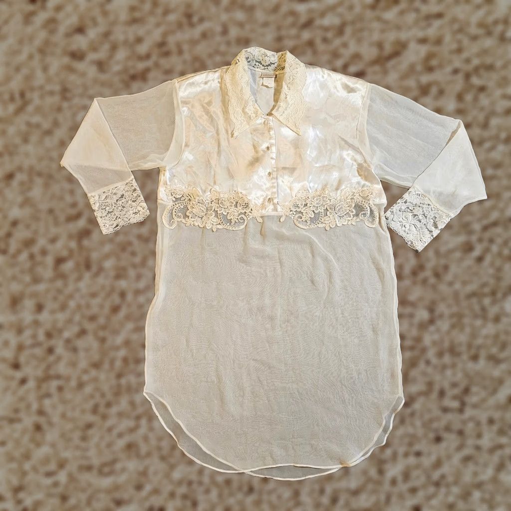 Vintage Cacique Nightgown Women Small White Satin Sheer Lace Bridal Y2K Vintage Shirt Dress Womens Lingerie 90s Theatre Size ONE SIZE - 1 Thumbnail