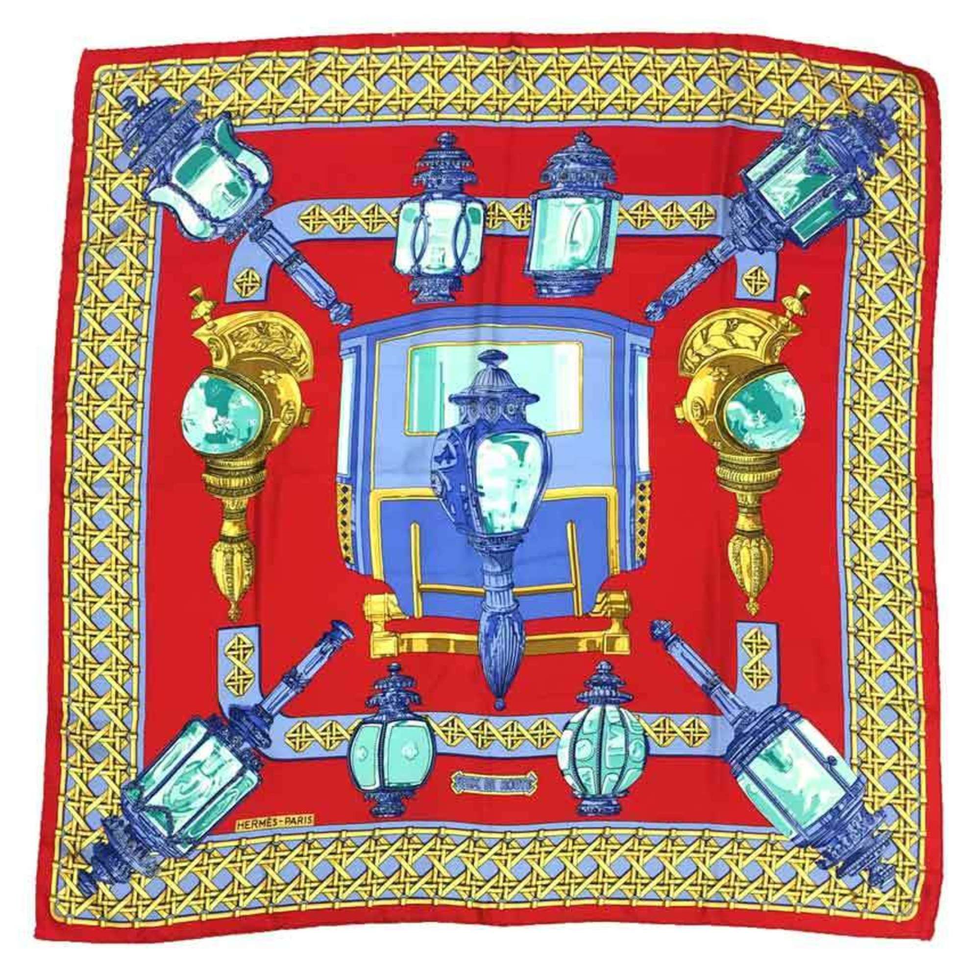 image of Hermes Scarf Muffler Carre 90 Feux De Route Carriage Lantern Red 100% Silk in Black, Women's