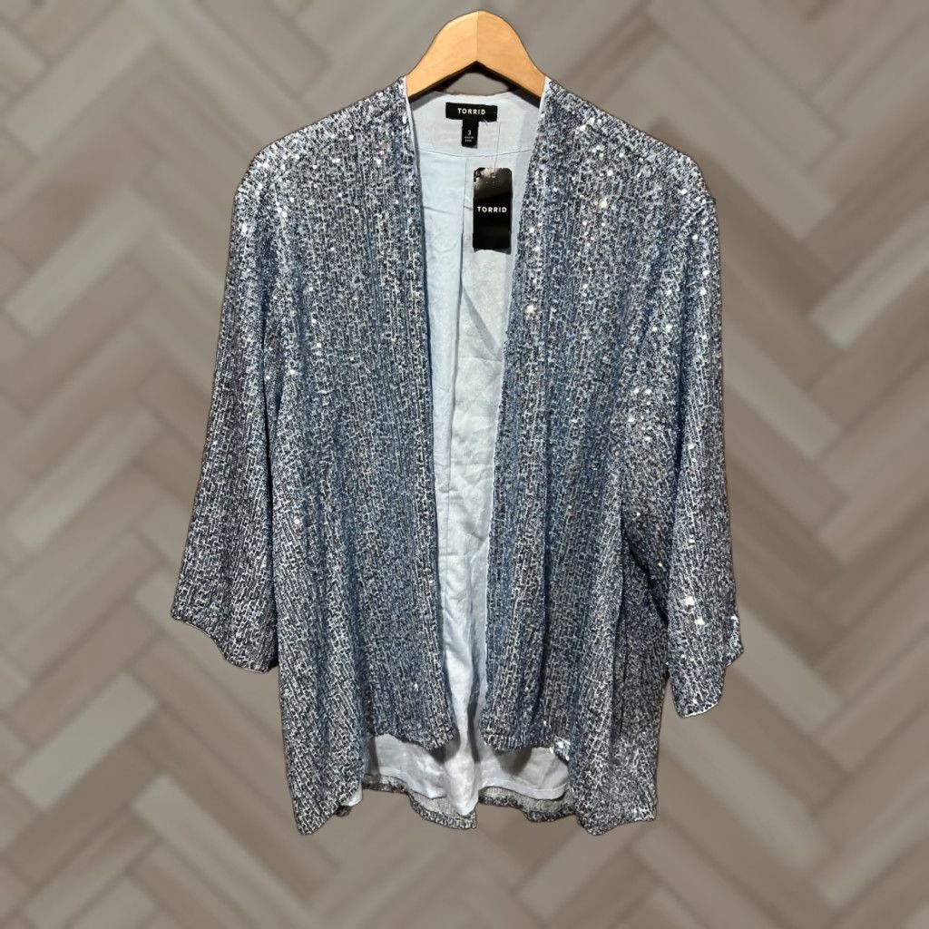 Torrid Torrid Sequin Kimono Cardigan Blue Long Sleeve Open Front NWT Size 3XL Women Regular Holiday Wedding Party/Cocktail High Low Hem Vintage No Size XXL / US 16-18 / IT 52-54 - 1 Thumbnail