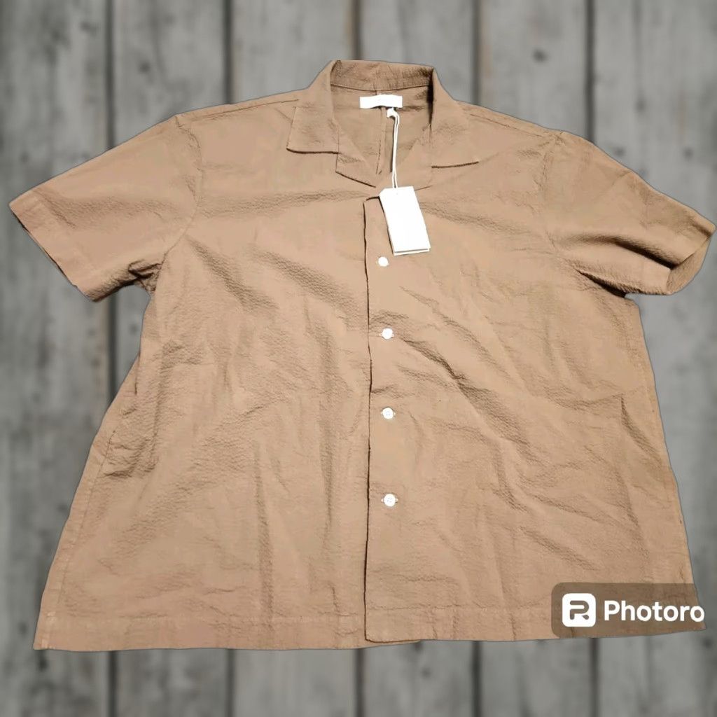J Brand Smock Shirt - Seersucker Stone Brown XL Button-Up Short Sleeve Cotton Men Regular Button-Down Collar Outdoor Japan Theme Shirt Size US XL / EU 56 / 4 - 1 Thumbnail